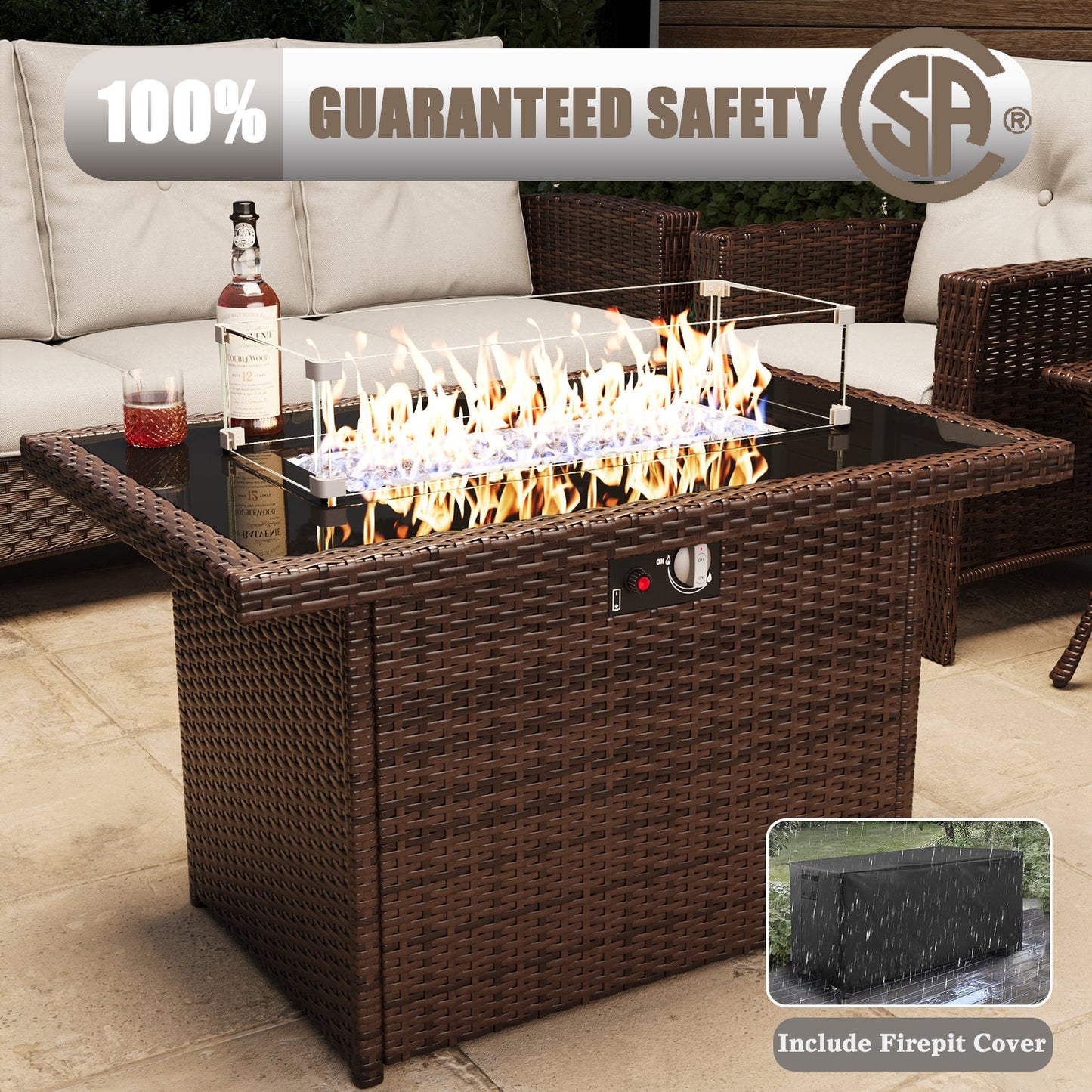 LayinSun 7 Piece Patio Set with wicker Swivel Rocking Chairs and Fire Pit