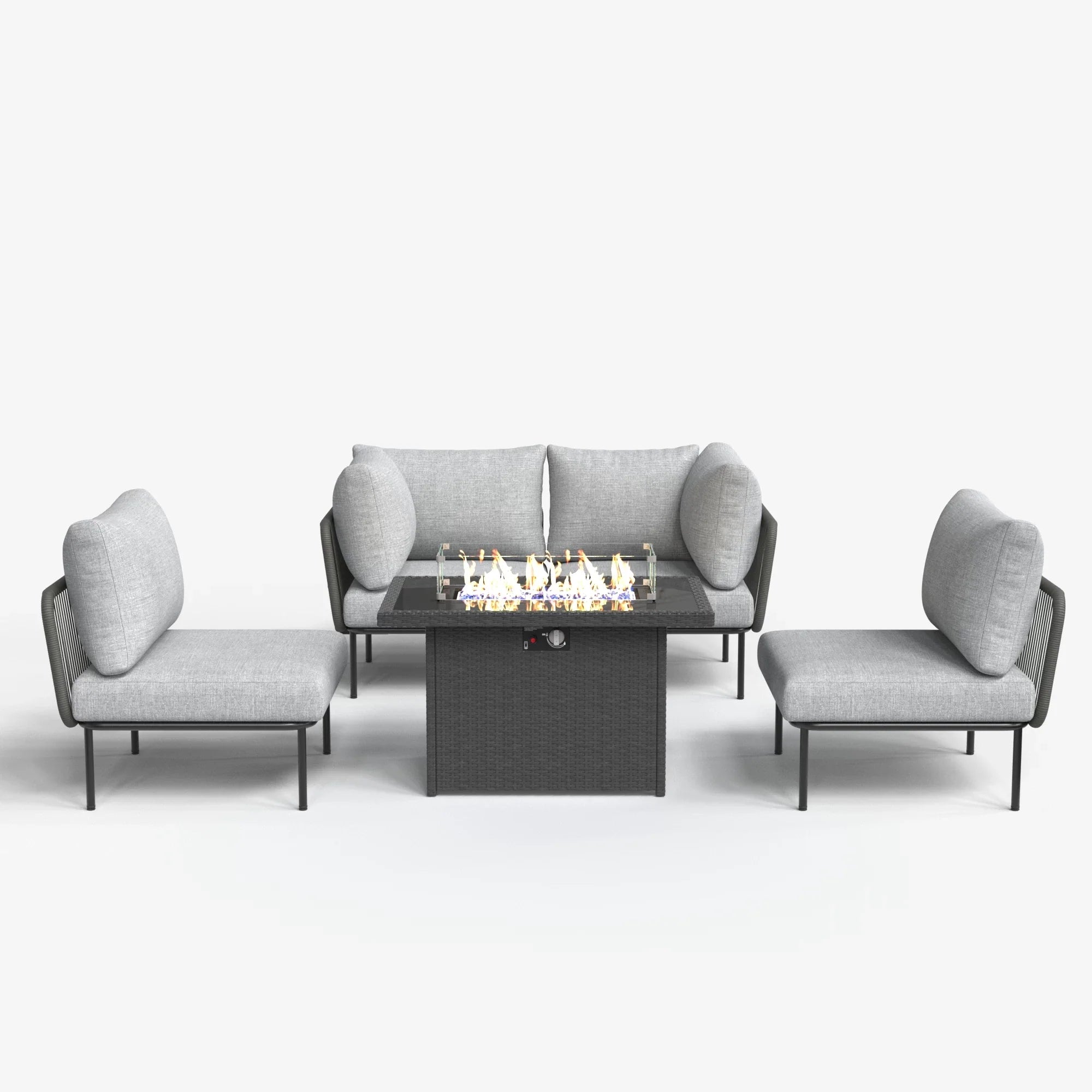 LayinSun 5-Piece Outdoor Wicker Rope Modular Sectional Sofa Set with Fire Pit Table