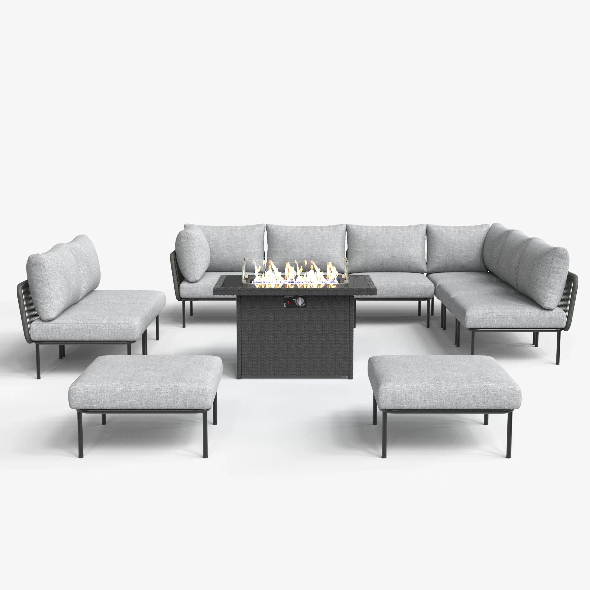 LayinSun 11-Piece Outdoor Wicker Rope Modular Sectional Sofa Set with Fire Pit Table