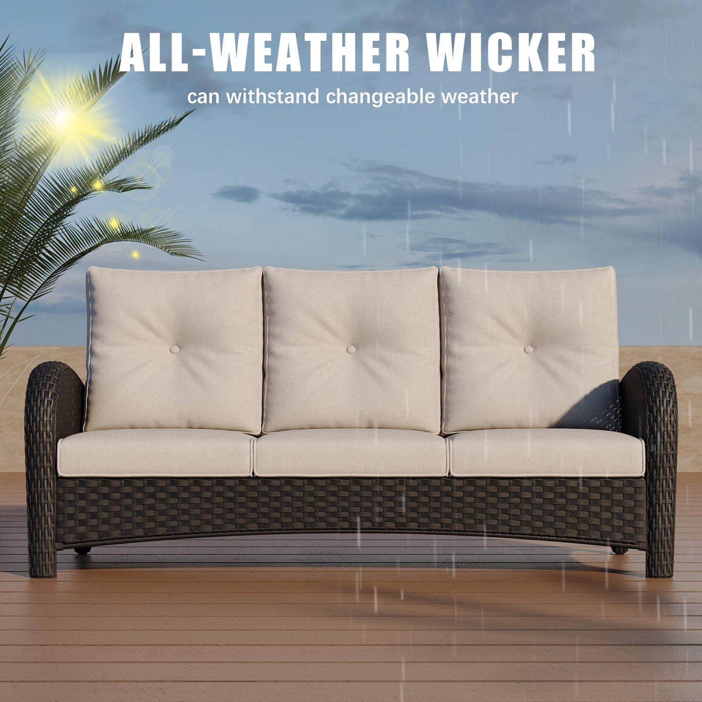 LayinSun Outdoor Wicker 3-Seat Sofa With Cushion - Palermo Collection