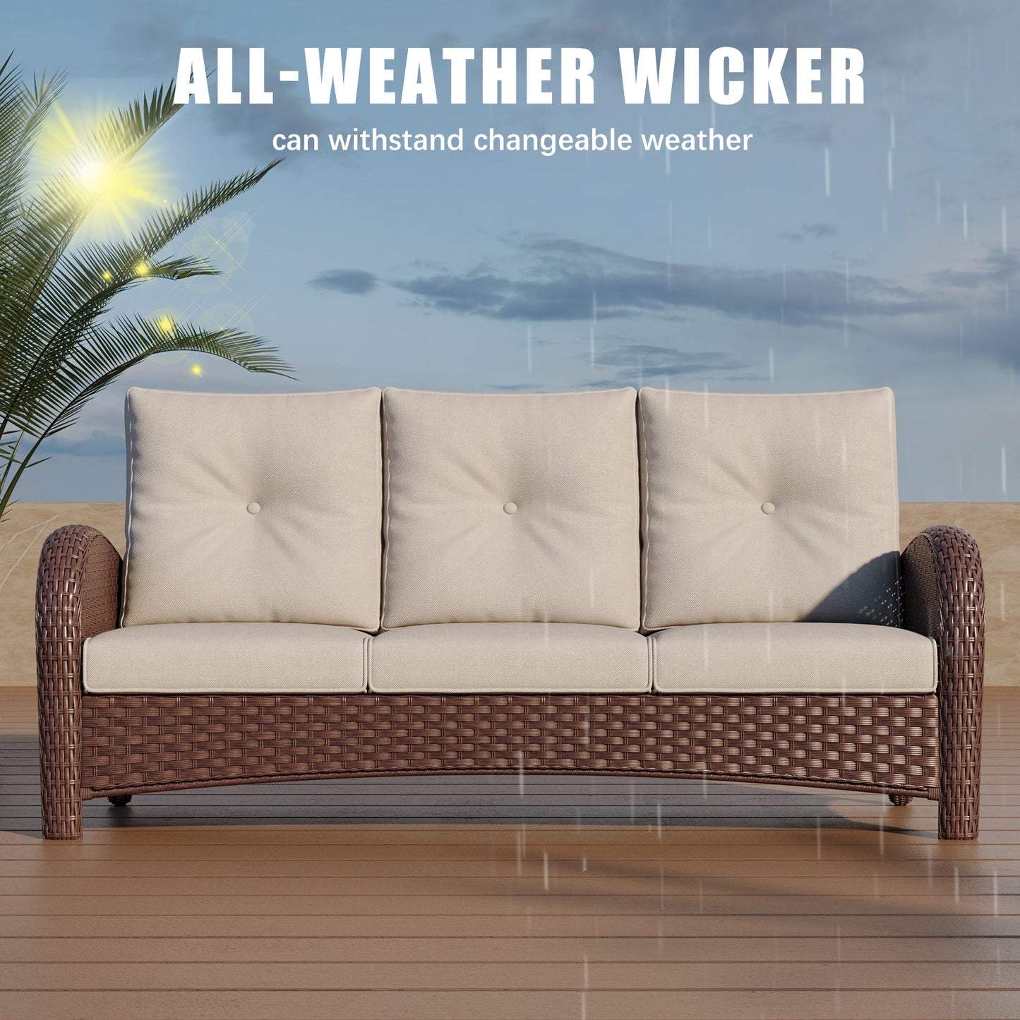 LayinSun Outdoor Wicker 3-Seat Sofa With Cushion - Palermo Collection