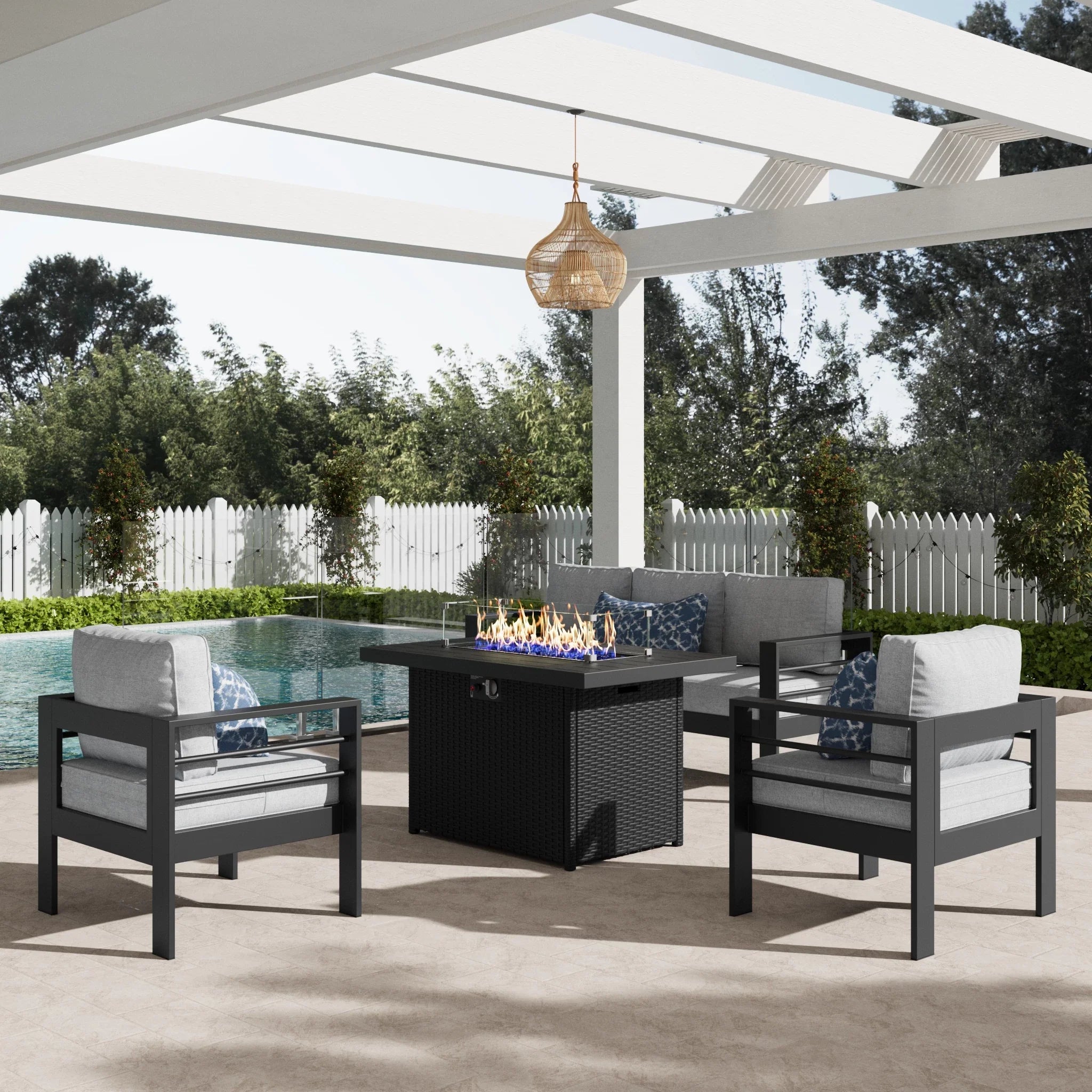 LayinSun 4 - Piece Outdoor Aluminum Sofa Set with 44'' Propane Gas Fire Pit Table