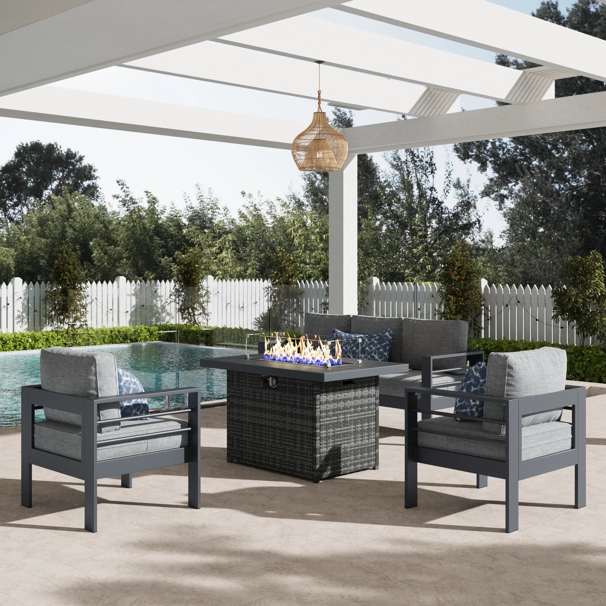LayinSun 4 - Piece Outdoor Aluminum Sofa Set with 44'' Propane Gas Fire Pit Table