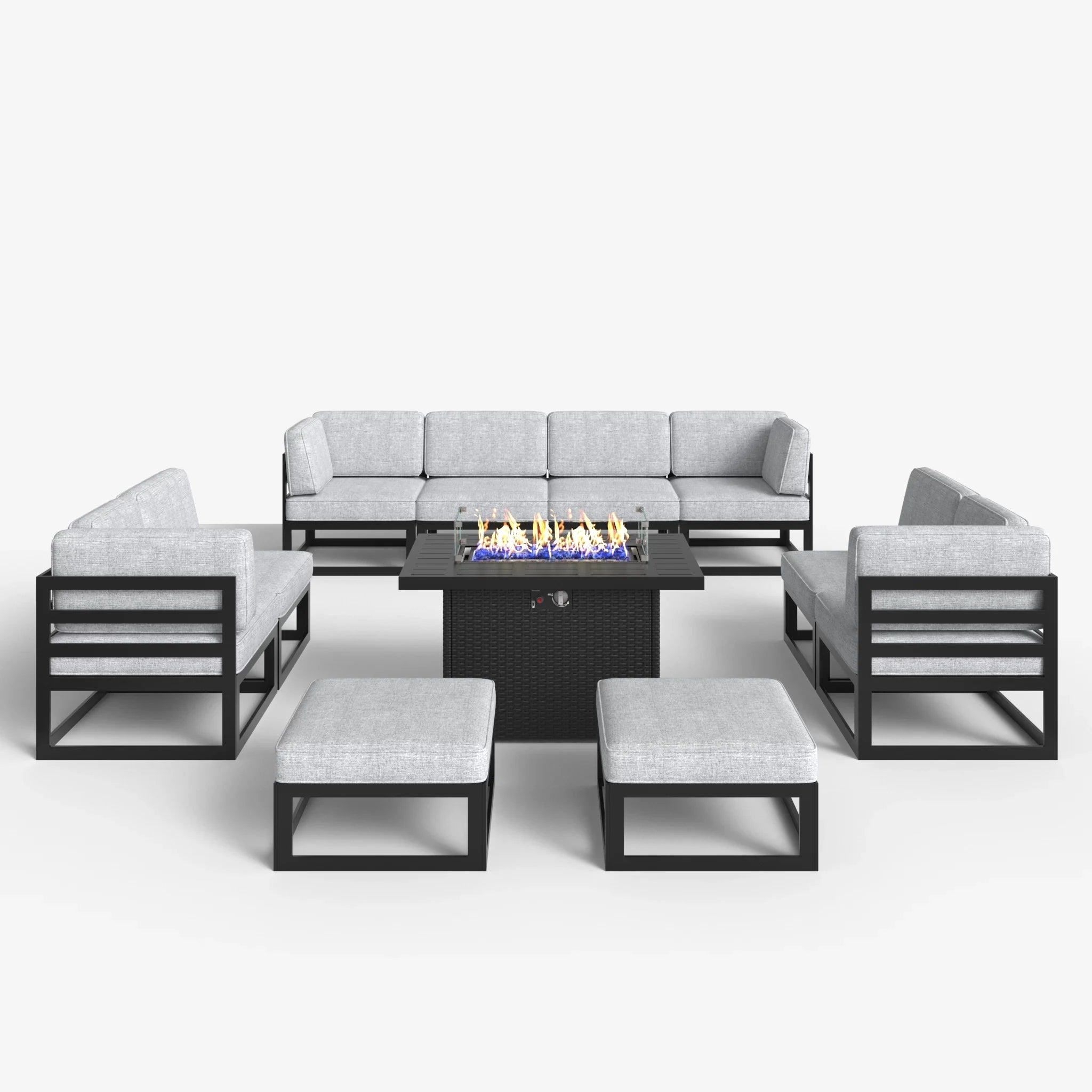 LayinSun 11 - Piece Large Outdoor Modular Sectional Set with Propane Fire Pit Table