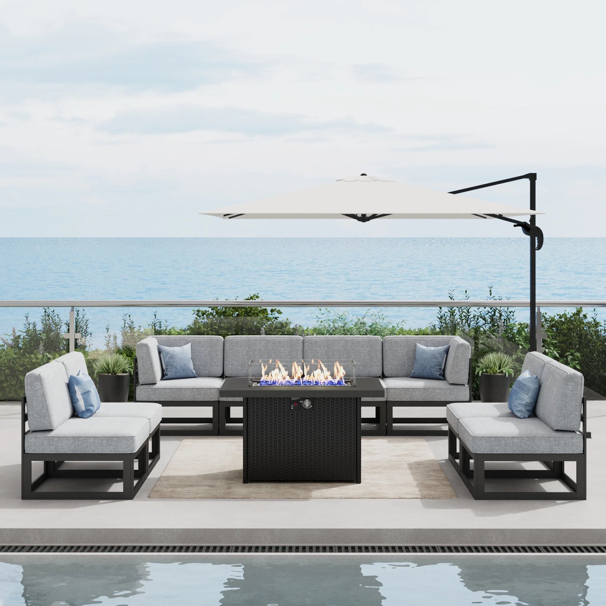LayinSun 9 - Piece Large Outdoor Modular Sectional Set with Propane Fire Pit Table