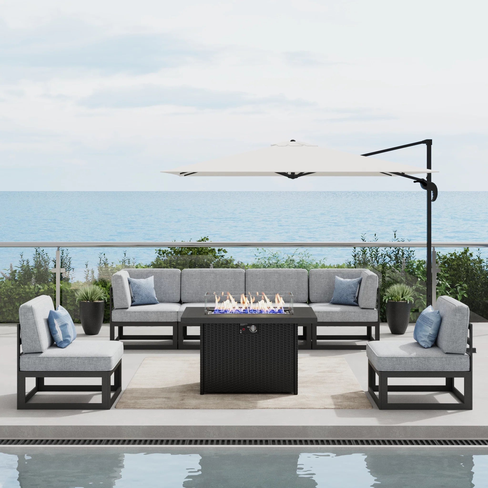 LayinSun 7 - Piece Large Outdoor Modular Sectional Set with Propane Fire Pit Table