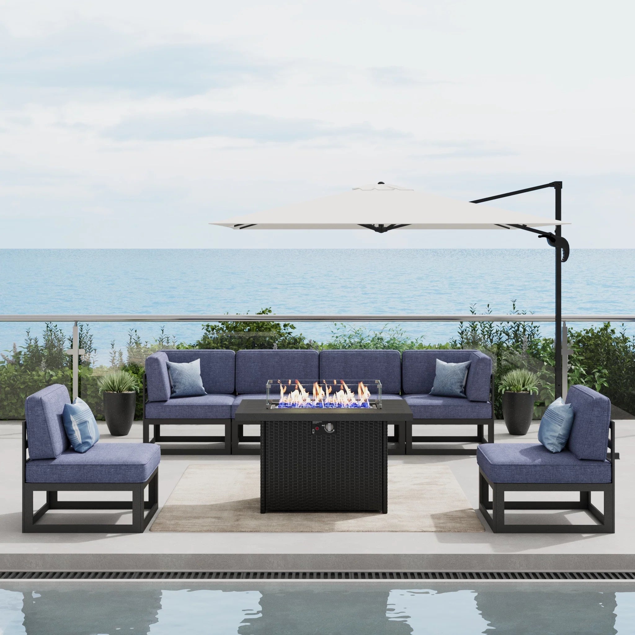LayinSun 7 - Piece Large Outdoor Modular Sectional Set with Propane Fire Pit Table