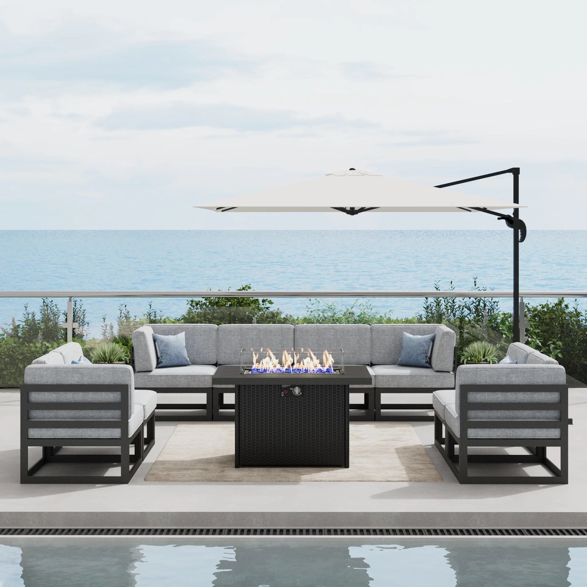 LayinSun 9 - Piece Large Outdoor Modular Sectional Set with Propane Fire Pit Table