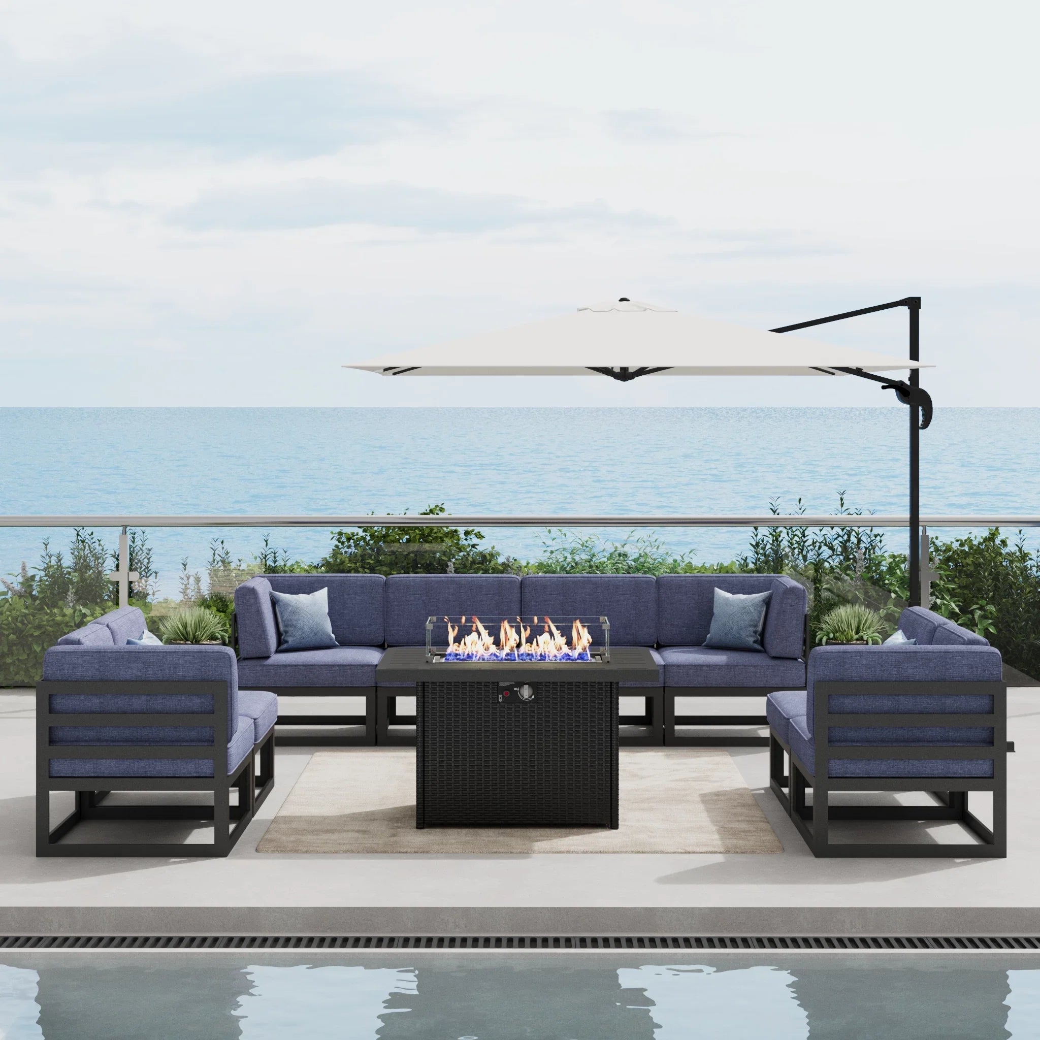 LayinSun 9 - Piece Large Outdoor Modular Sectional Set with Propane Fire Pit Table