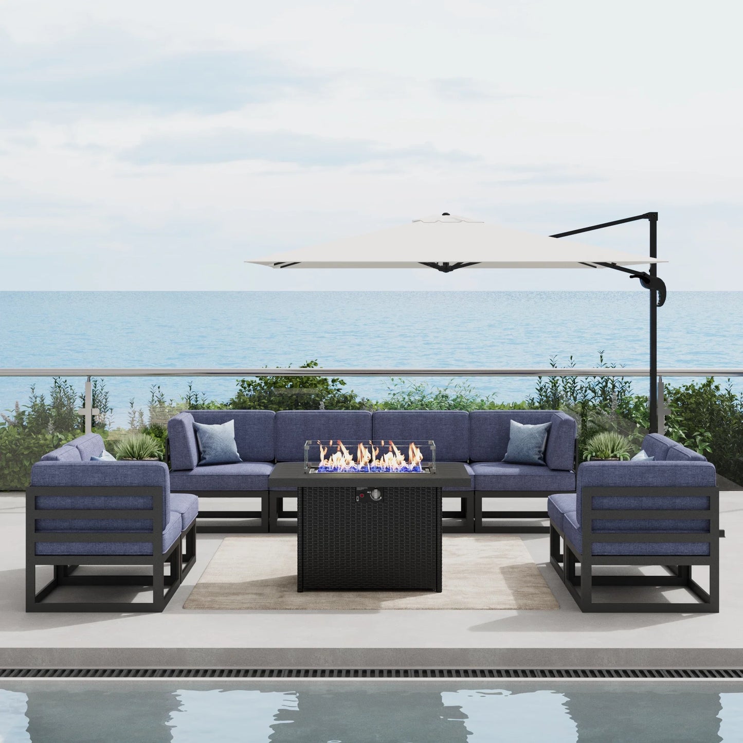 LayinSun 9 - Piece Large Outdoor Modular Sectional Set with Propane Fire Pit Table