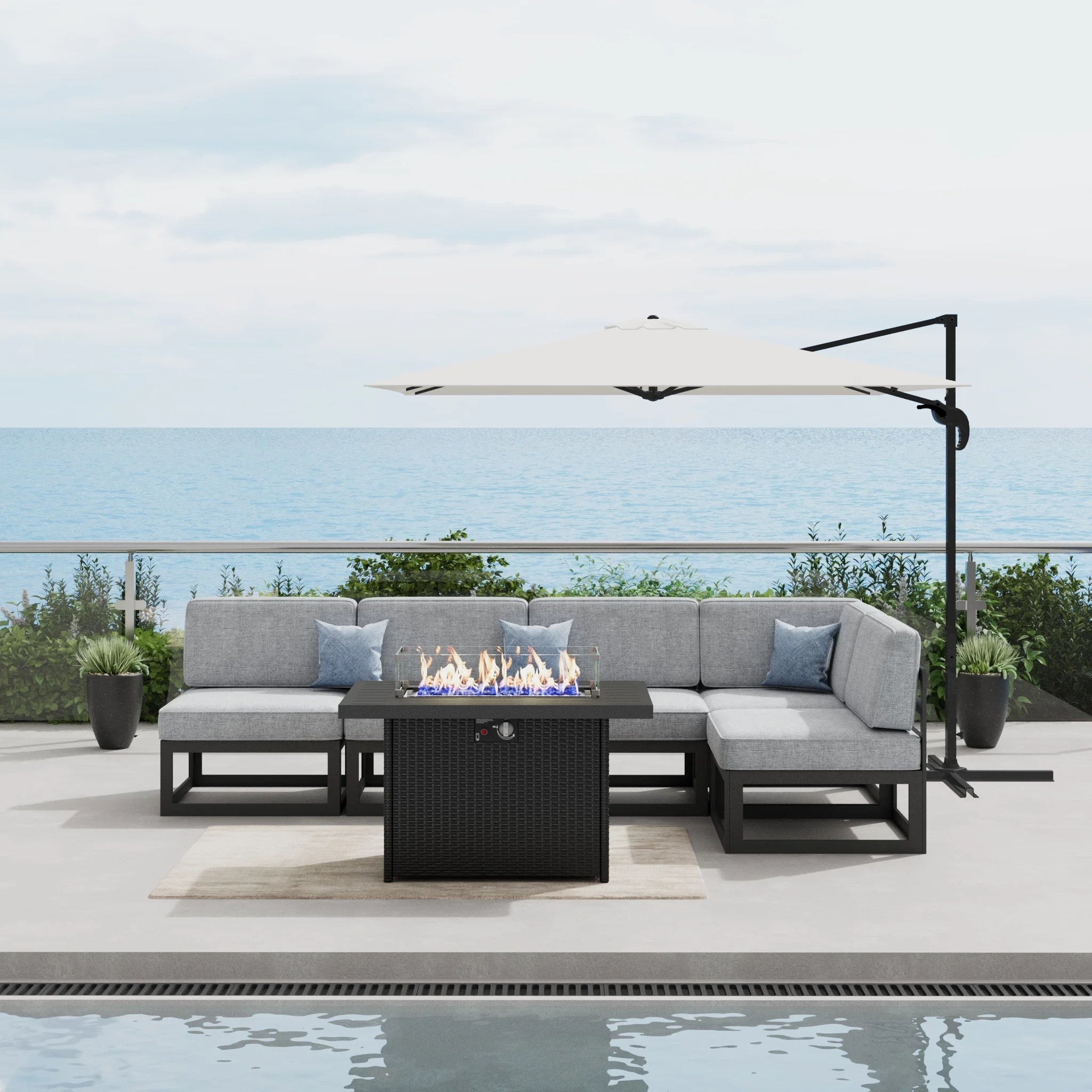 LayinSun 6 - Piece Large Outdoor Modular L Sectional Set with Propane Fire Pit Table