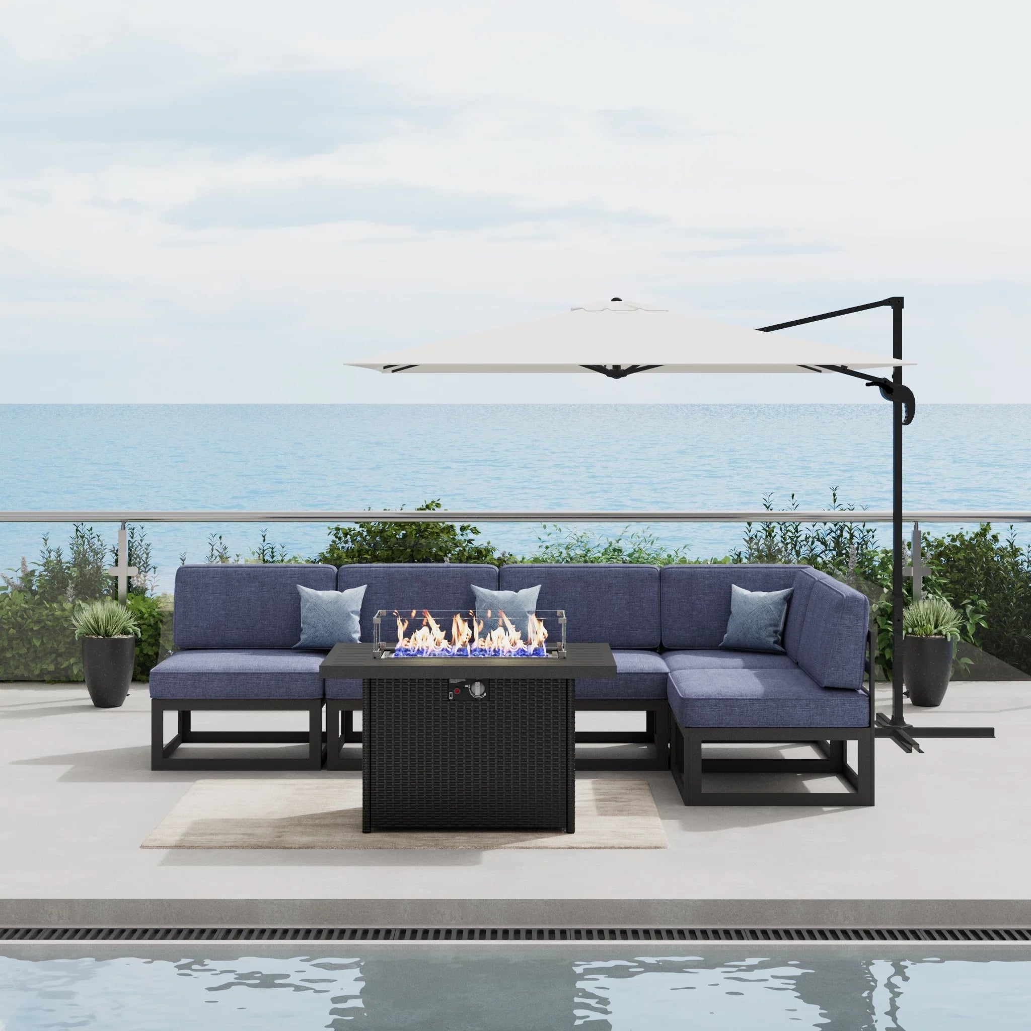 LayinSun 6 - Piece Large Outdoor Modular L Sectional Set with Propane Fire Pit Table