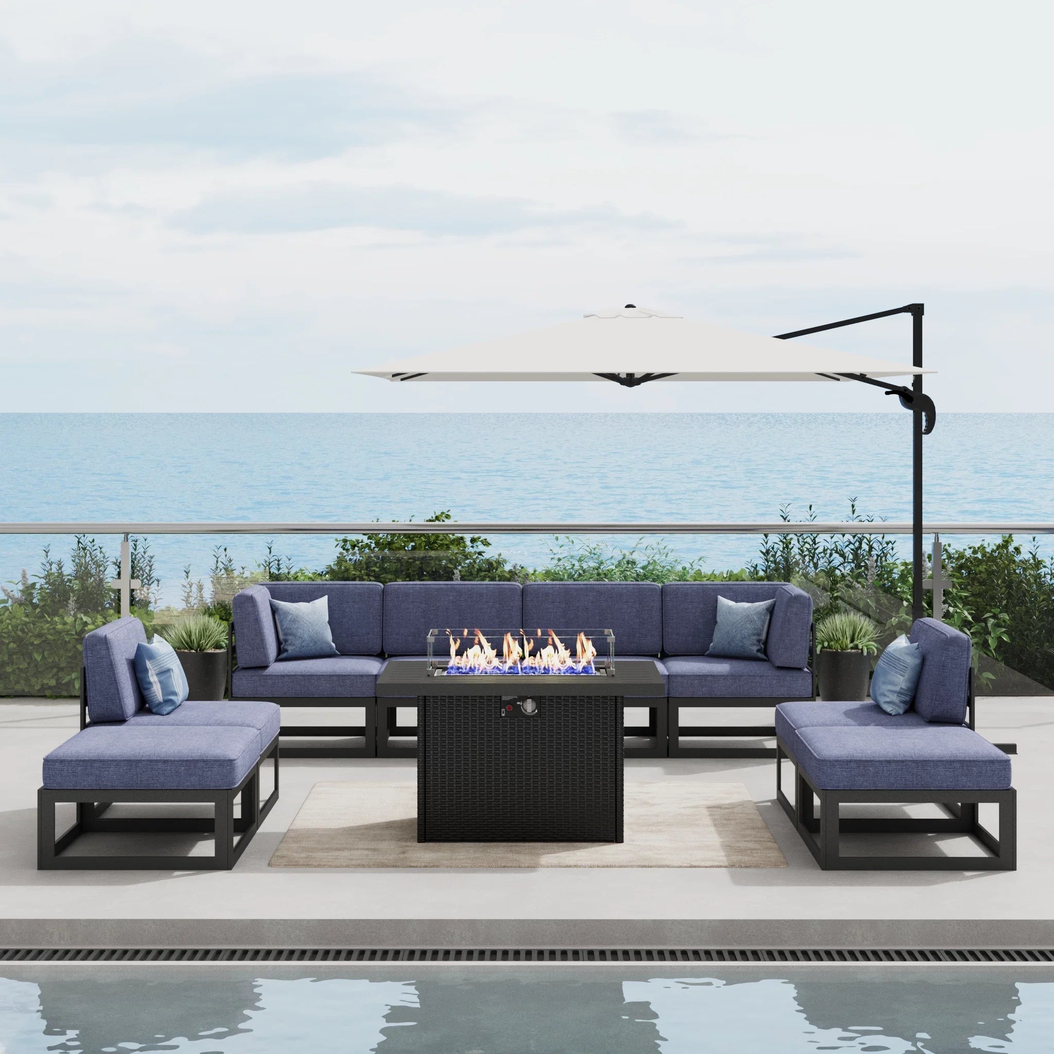 LayinSun 9 - Piece Large Outdoor Modular Sectional Set with Propane Fire Pit Table