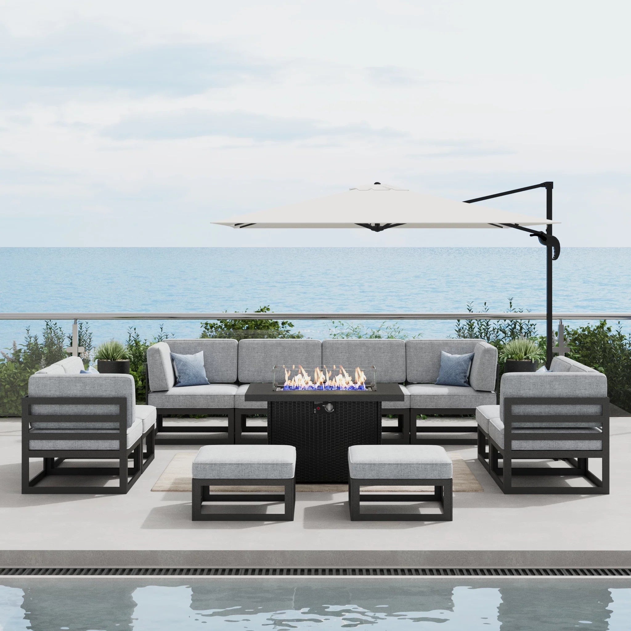 LayinSun 11 - Piece Large Outdoor Modular Sectional Set with Propane Fire Pit Table