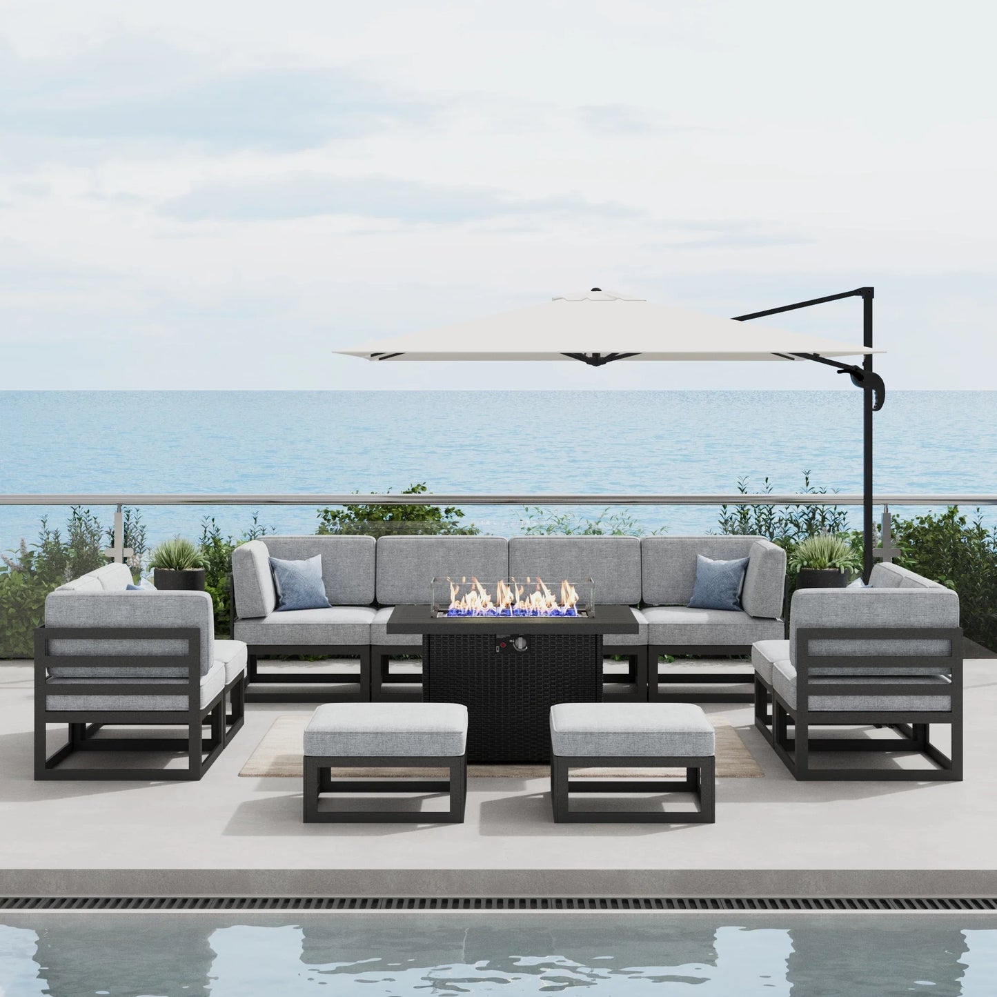 LayinSun 11 - Piece Large Outdoor Modular Sectional Set with Propane Fire Pit Table