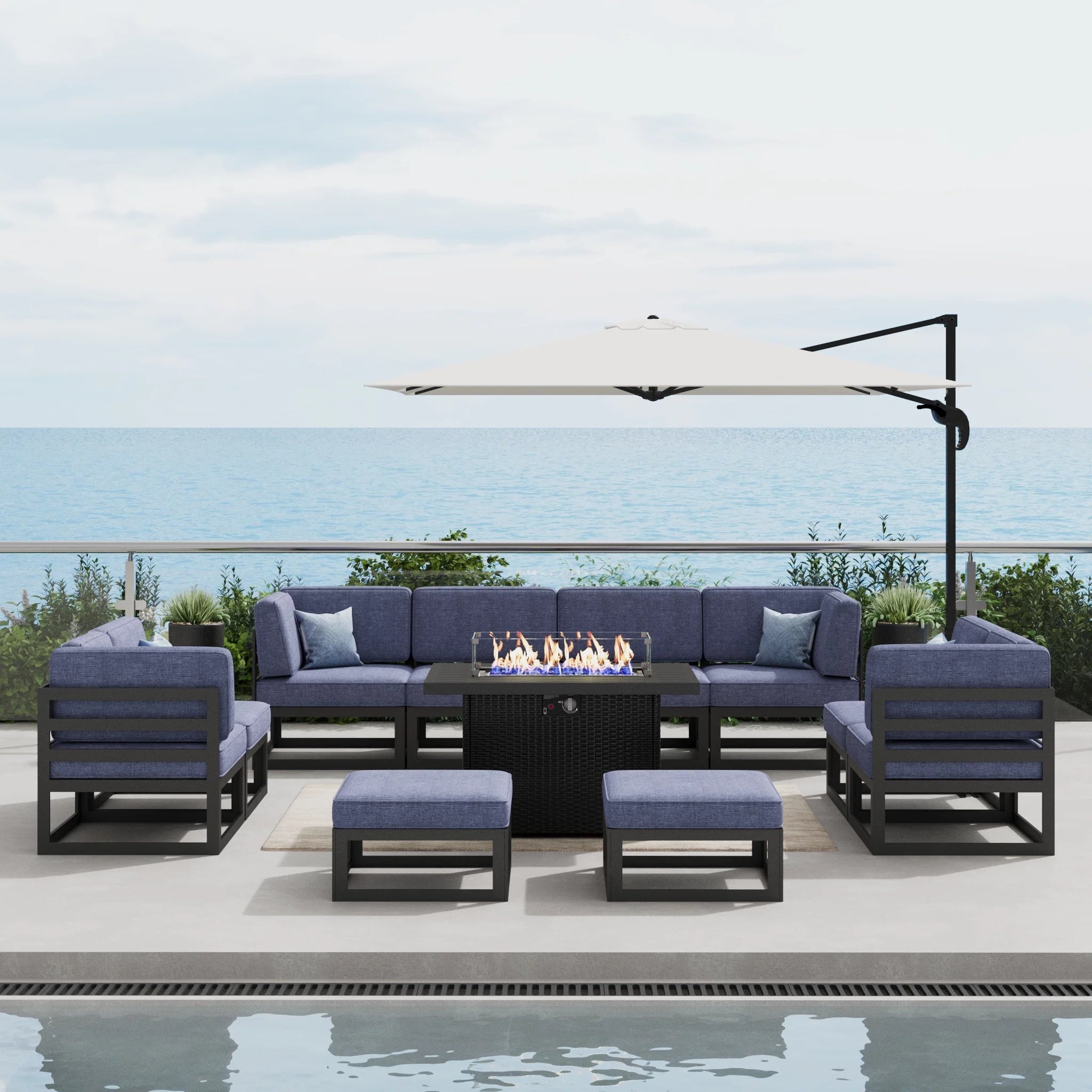 LayinSun 11 - Piece Large Outdoor Modular Sectional Set with Propane Fire Pit Table