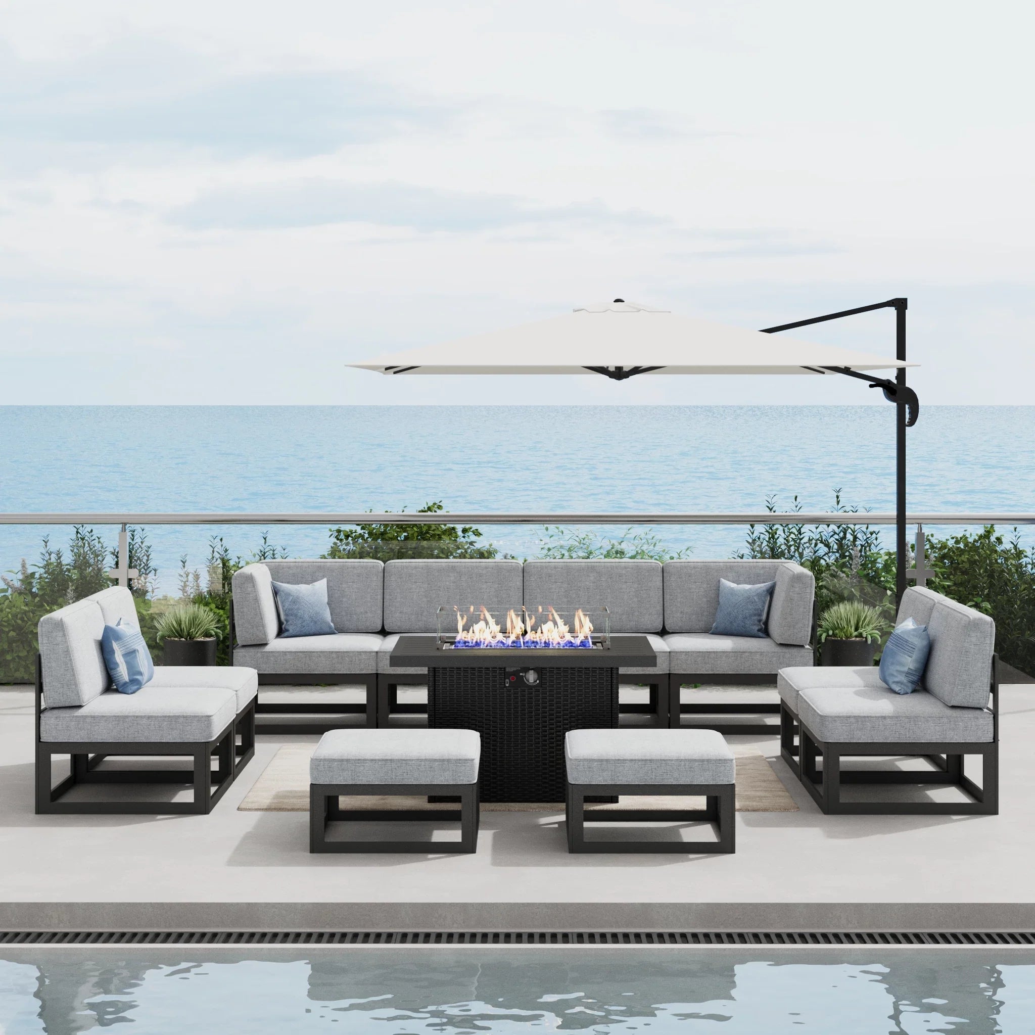 LayinSun 11 - Piece Large Outdoor Modular Sectional Set with Propane Fire Pit Table