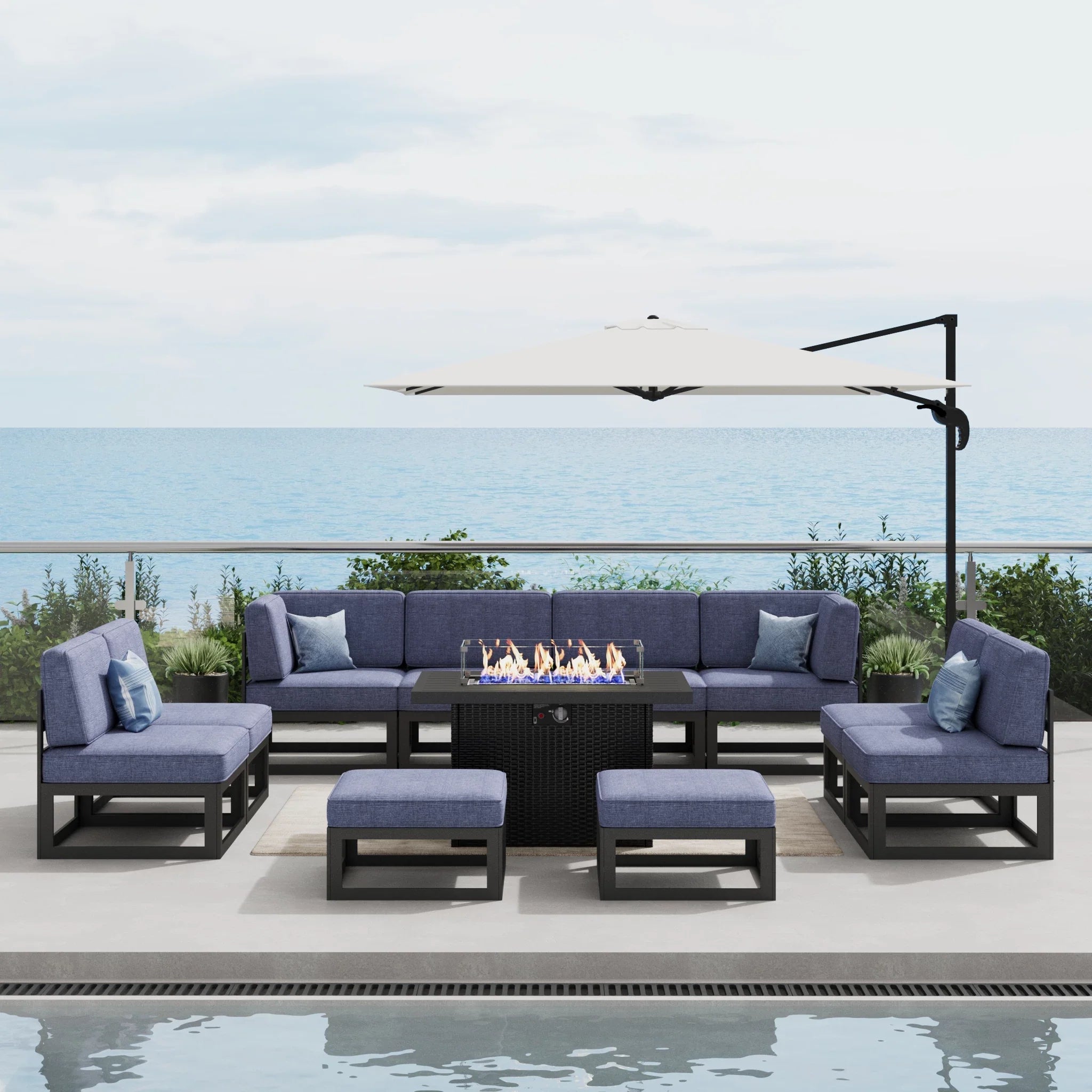LayinSun 11 - Piece Large Outdoor Modular Sectional Set with Propane Fire Pit Table