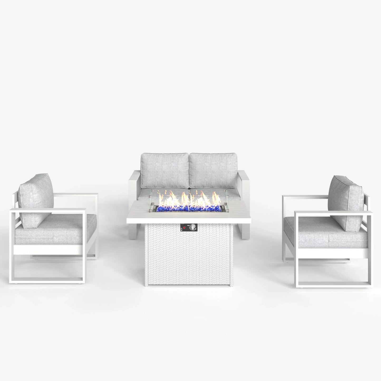 LayinSun 4 Piece Hight Back Aluminum Outdoor Loveseat Set with Propane Fire Pit Table