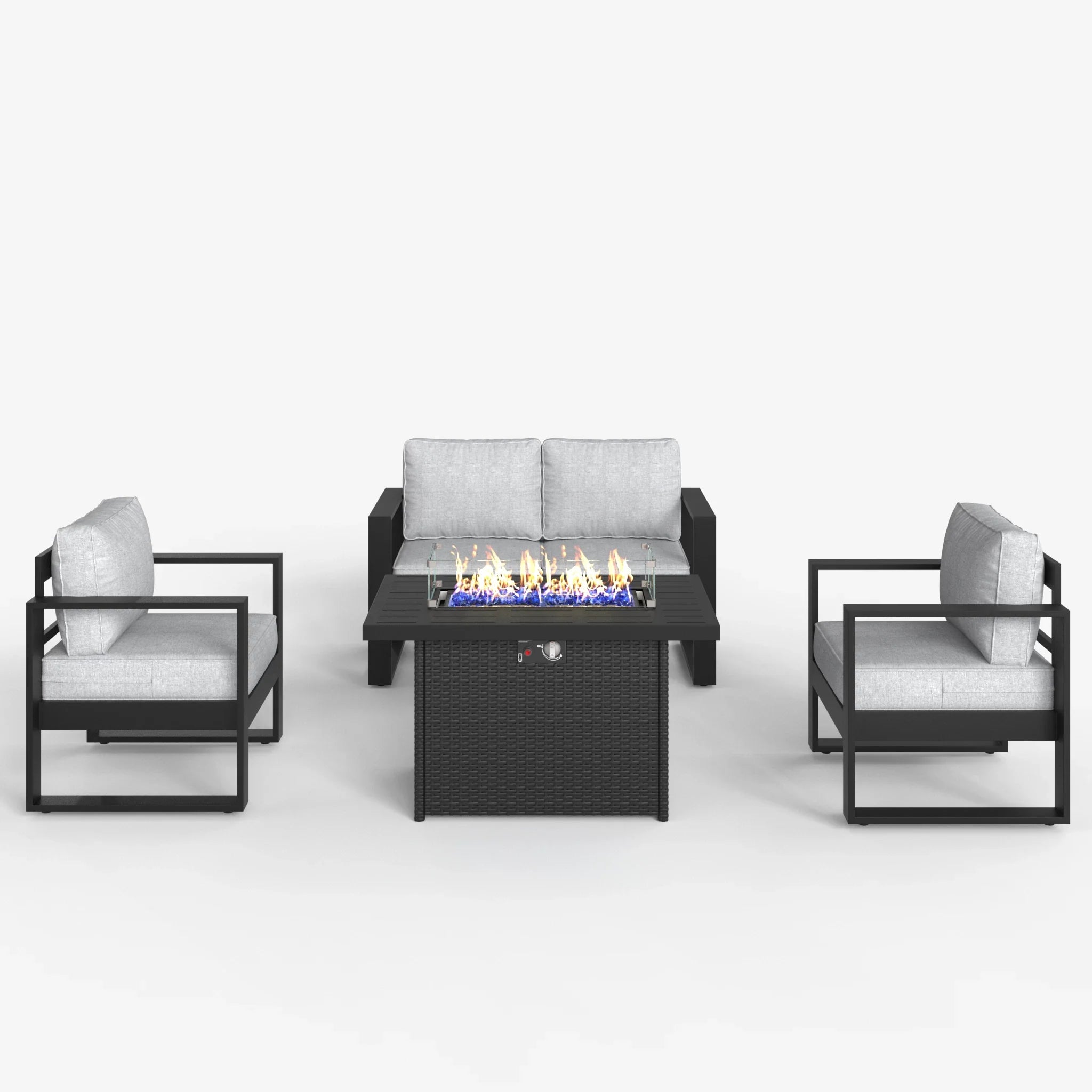 LayinSun 4 Piece Hight Back Aluminum Outdoor Loveseat Set with Propane Fire Pit Table