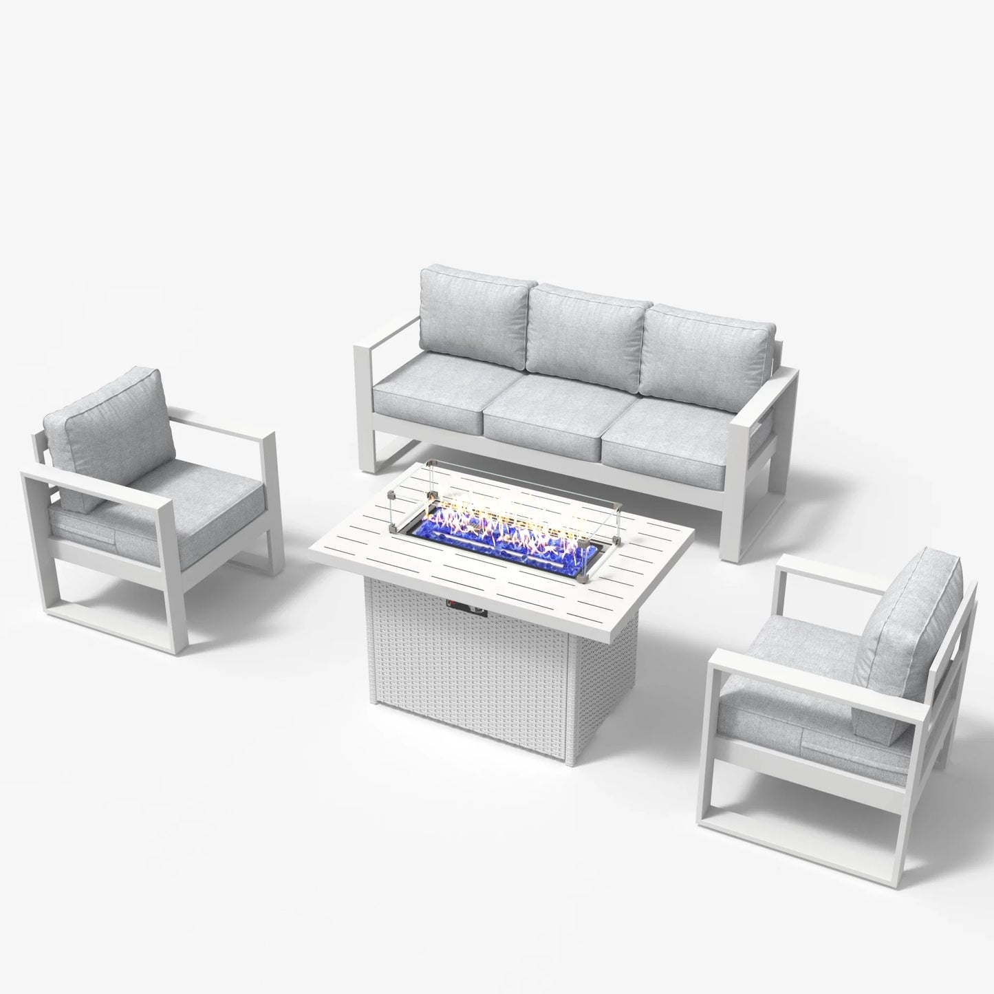LayinSun 4 Piece Hight Back Aluminum Outdoor Sofa Set with Propane Fire Pit Table