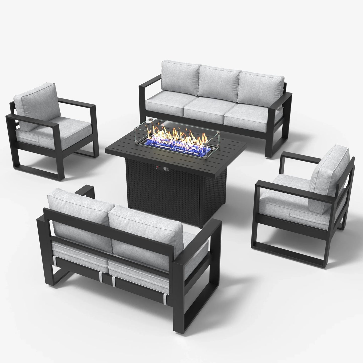 LayinSun 5 Piece Hight Back Aluminum Outdoor Furniture Set with Propane Fire Pit Table