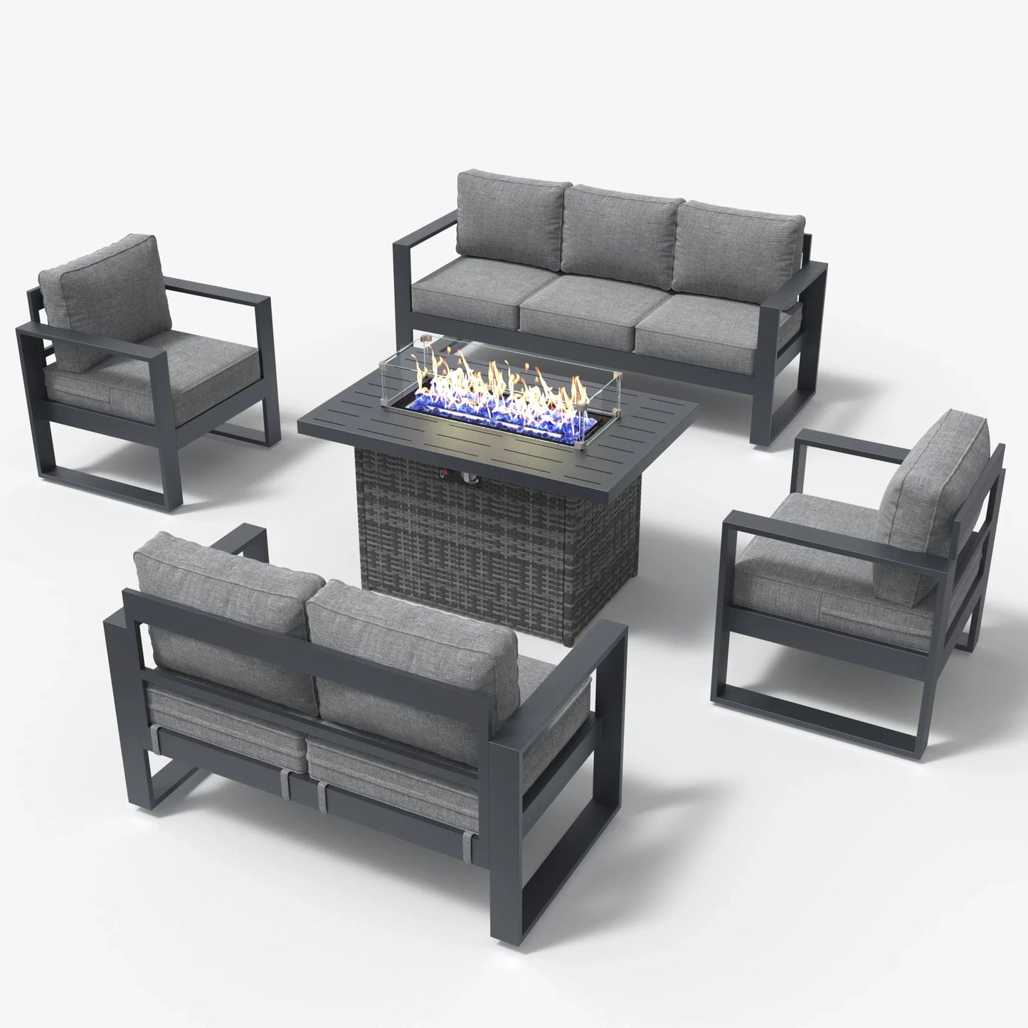 LayinSun 5 Piece Hight Back Aluminum Outdoor Furniture Set with Propane Fire Pit Table