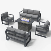 LayinSun 5 Piece Hight Back Aluminum Outdoor Furniture Set with Propane Fire Pit Table