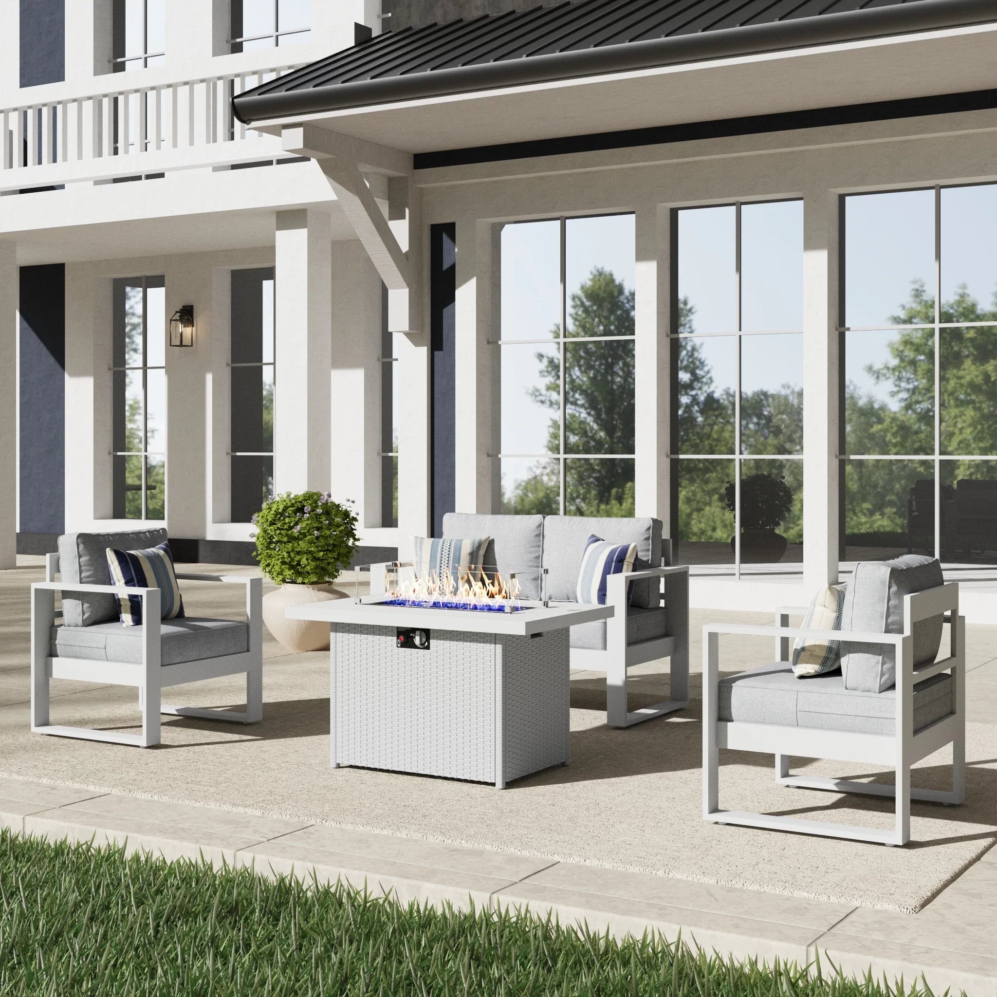 LayinSun 4 Piece Hight Back Aluminum Outdoor Loveseat Set with Propane Fire Pit Table