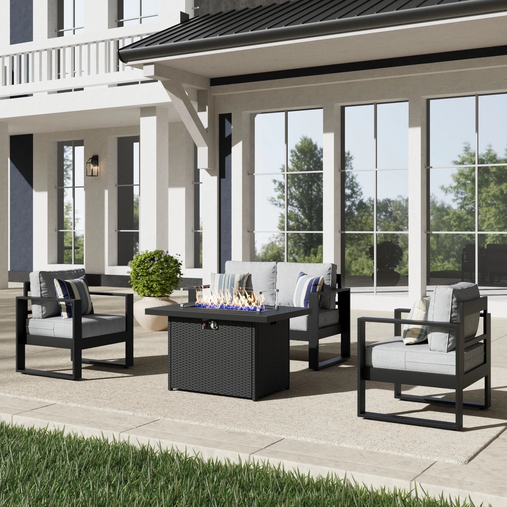 LayinSun 4 Piece Hight Back Aluminum Outdoor Loveseat Set with Propane Fire Pit Table