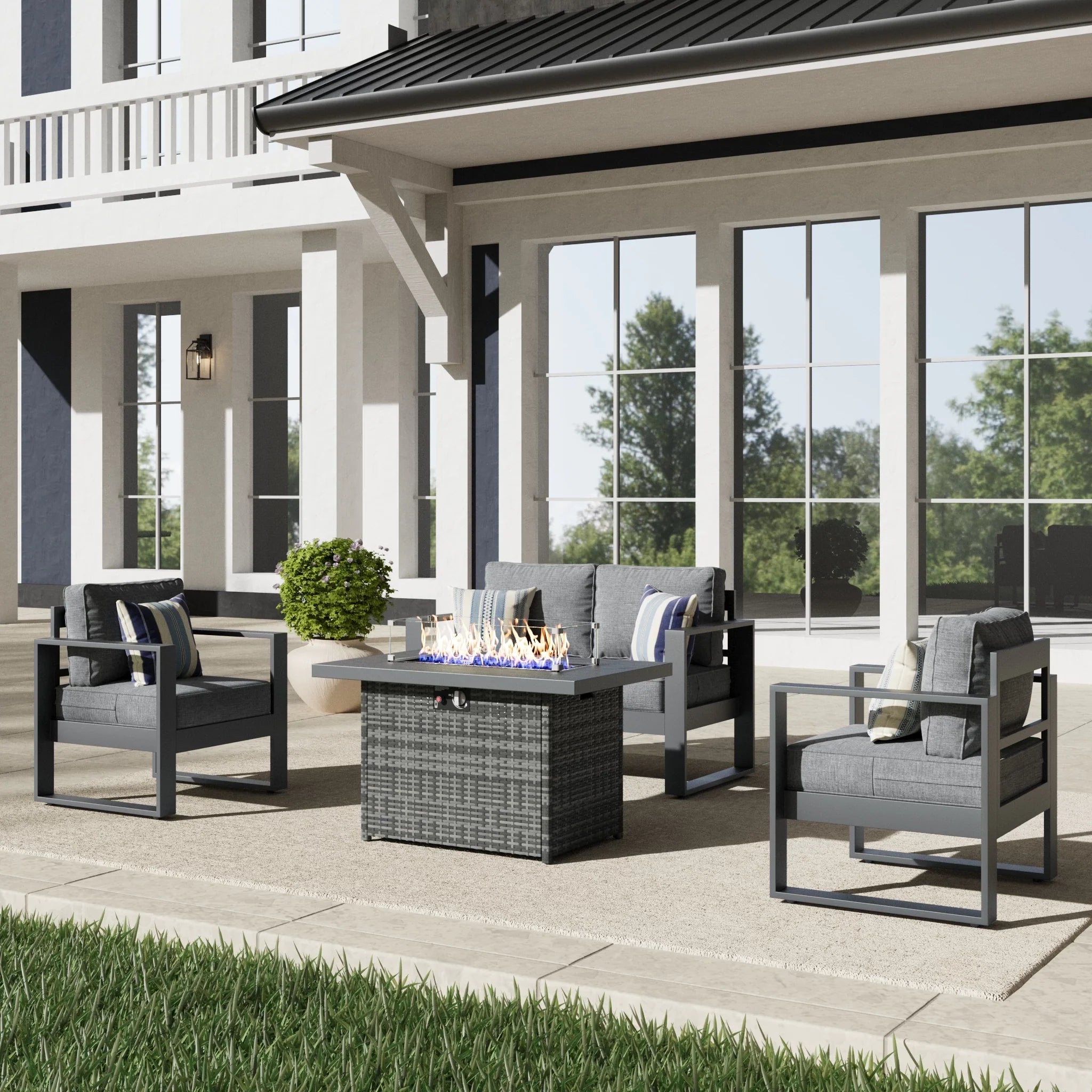 LayinSun 4 Piece Hight Back Aluminum Outdoor Loveseat Set with Propane Fire Pit Table