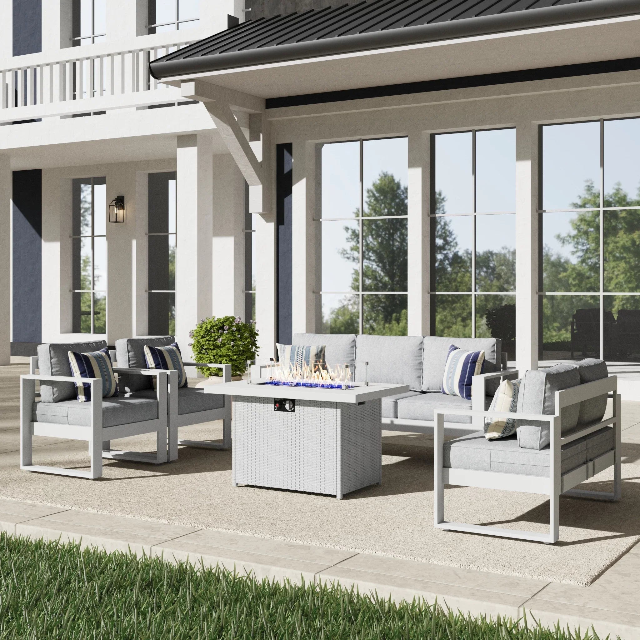 LayinSun 5 Piece Hight Back Aluminum Outdoor Furniture Set with Propane Fire Pit Table