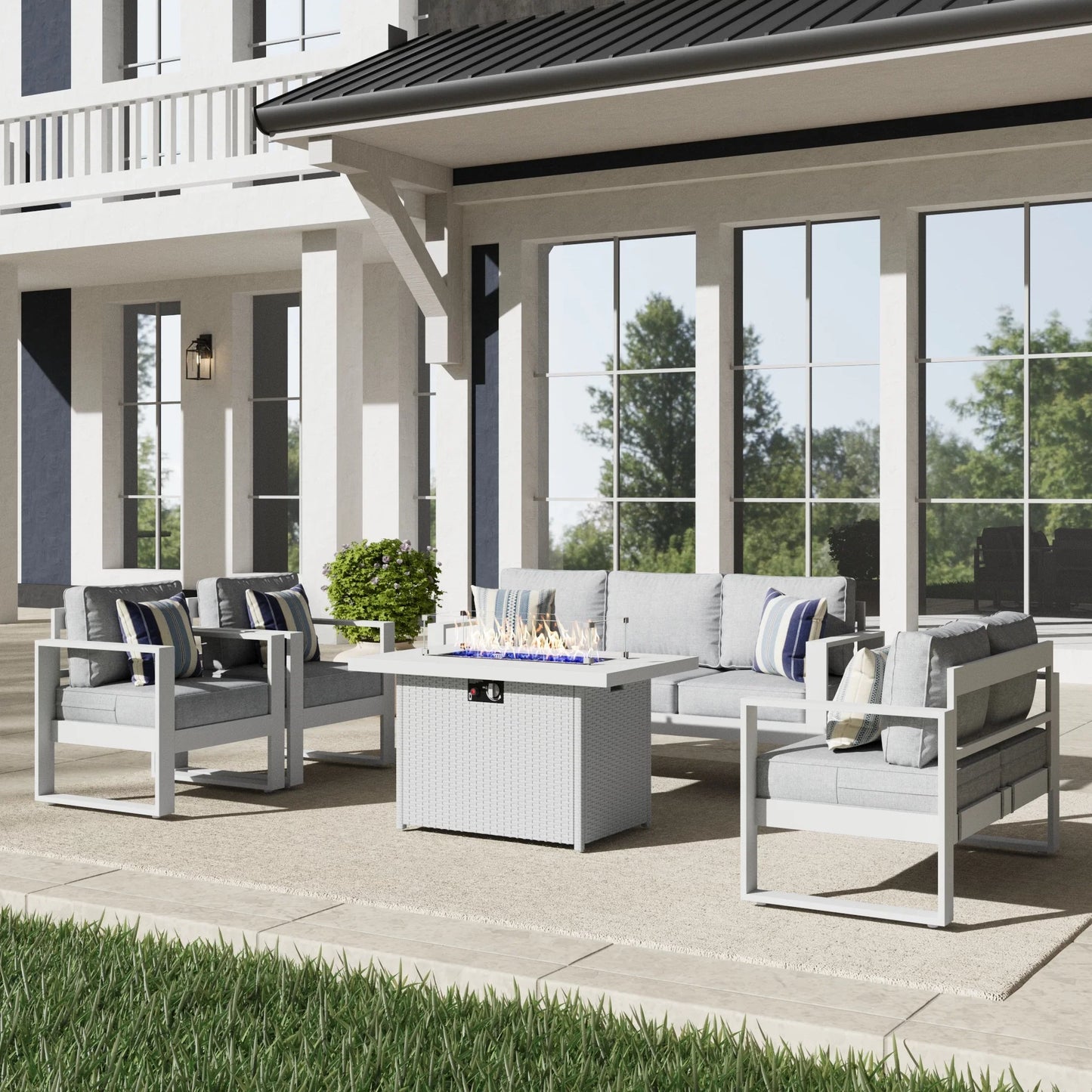 LayinSun 5 Piece Hight Back Aluminum Outdoor Furniture Set with Propane Fire Pit Table