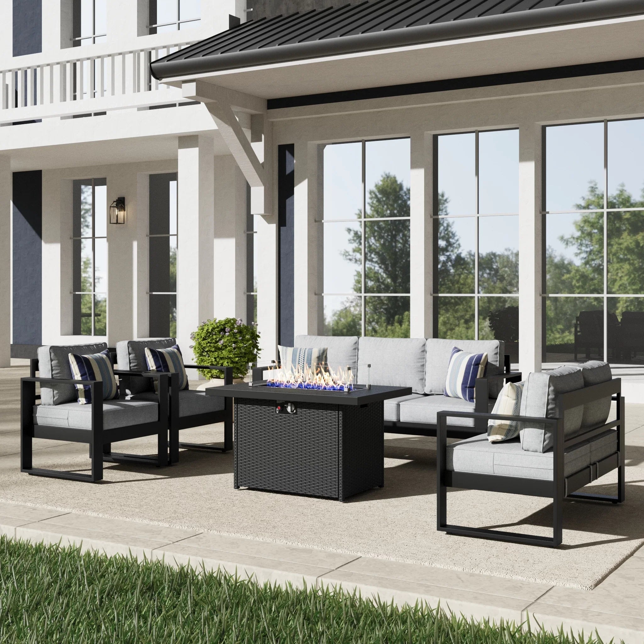 LayinSun 5 Piece Hight Back Aluminum Outdoor Furniture Set with Propane Fire Pit Table