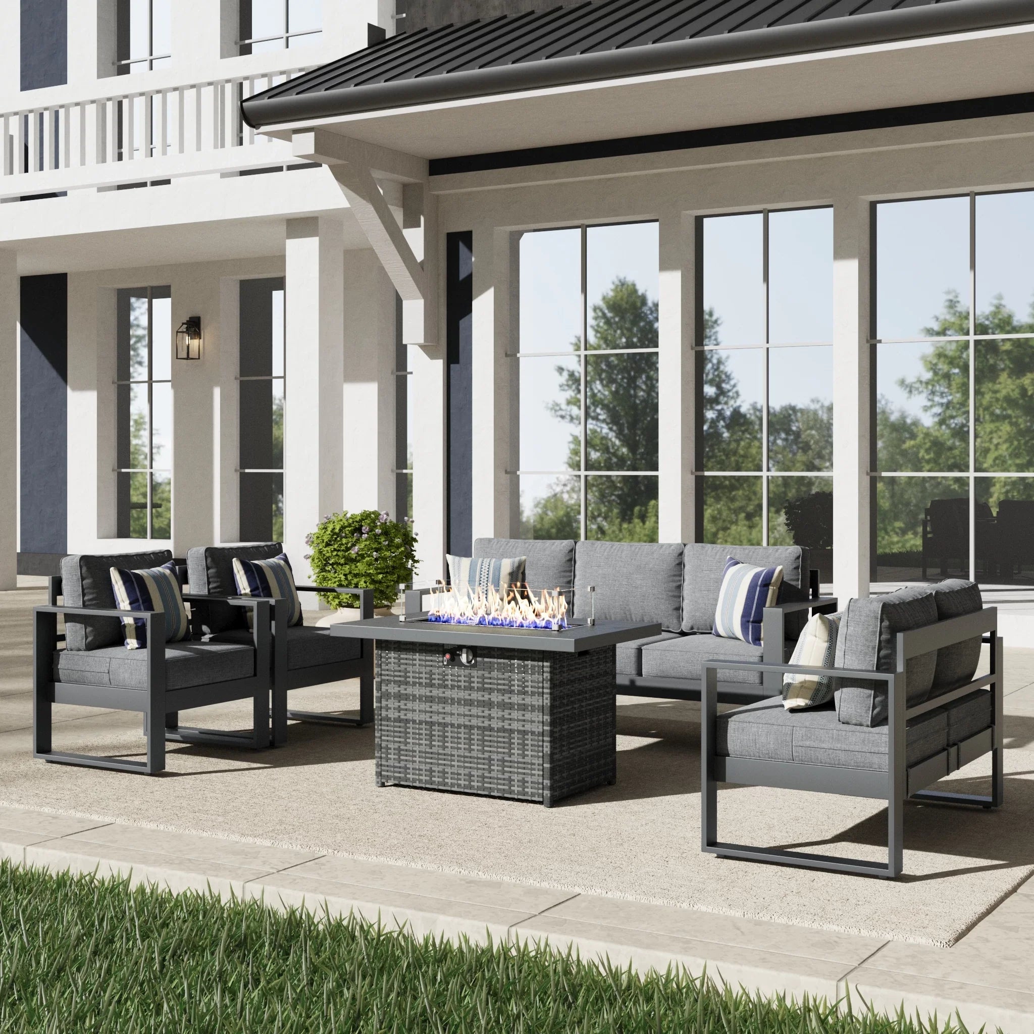 LayinSun 5 Piece Hight Back Aluminum Outdoor Furniture Set with Propane Fire Pit Table