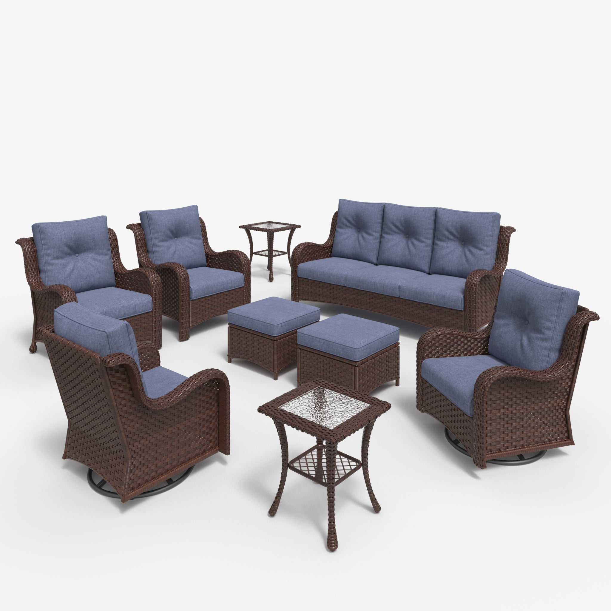 LayinSun 9 - Piece Curved Armrest Wicker Swivel Glider Lounge Chairs & Sofa Set