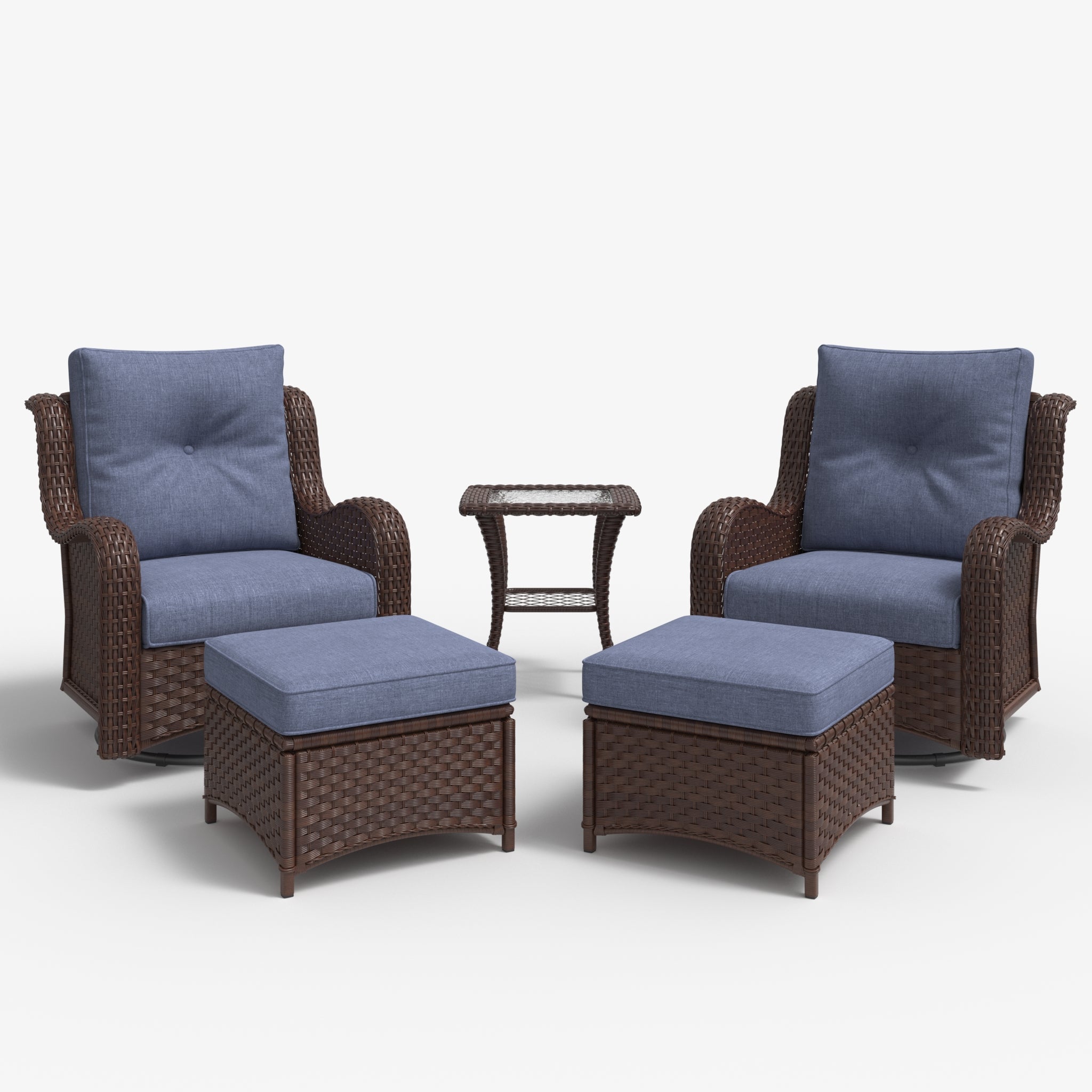 LayinSun 5 - Piece Curved Armrest Wicker Swivel Glider Lounge Chairs Set with Ottomans