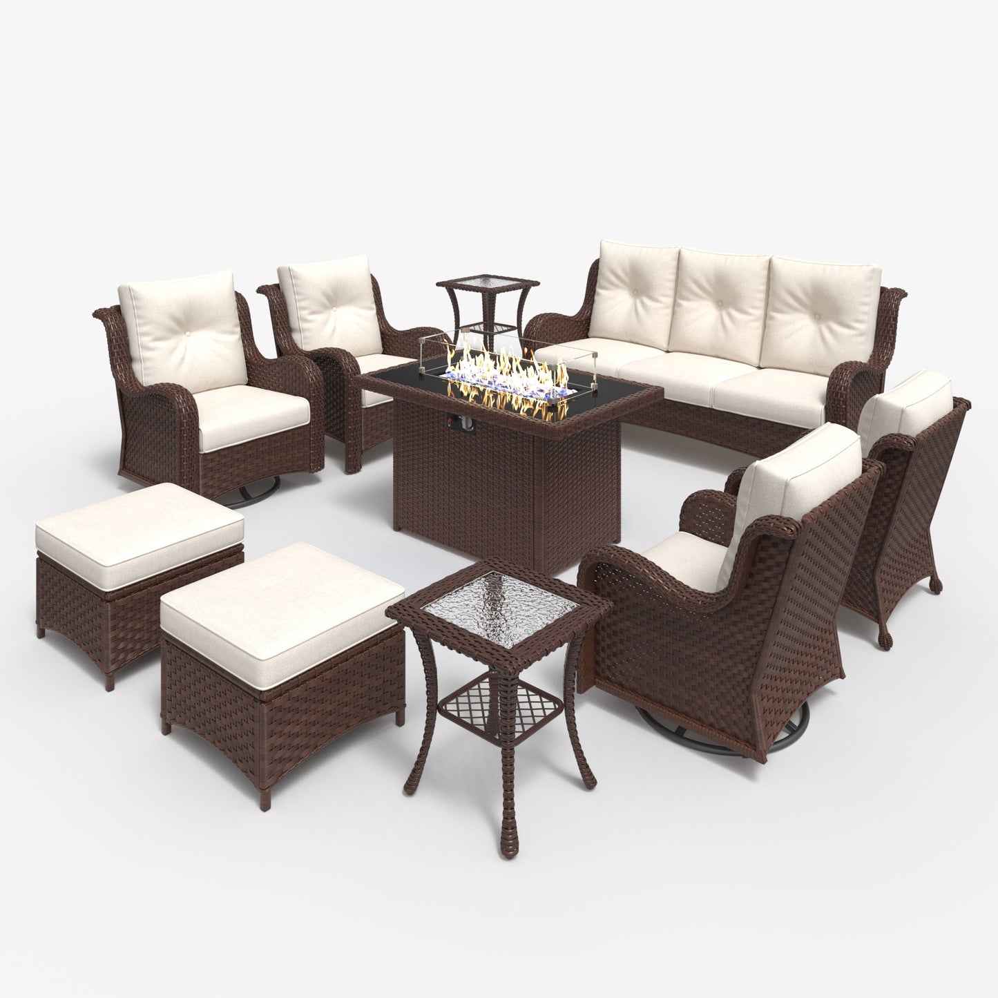 LayinSun 10 - Piece Outdoor Conversation Set with 44'' Propane Fire Pit Table and Swivel Chairs