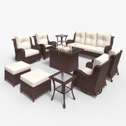 LayinSun 10 - Piece Outdoor Conversation Set with 44'' Propane Fire Pit Table and Swivel Chairs