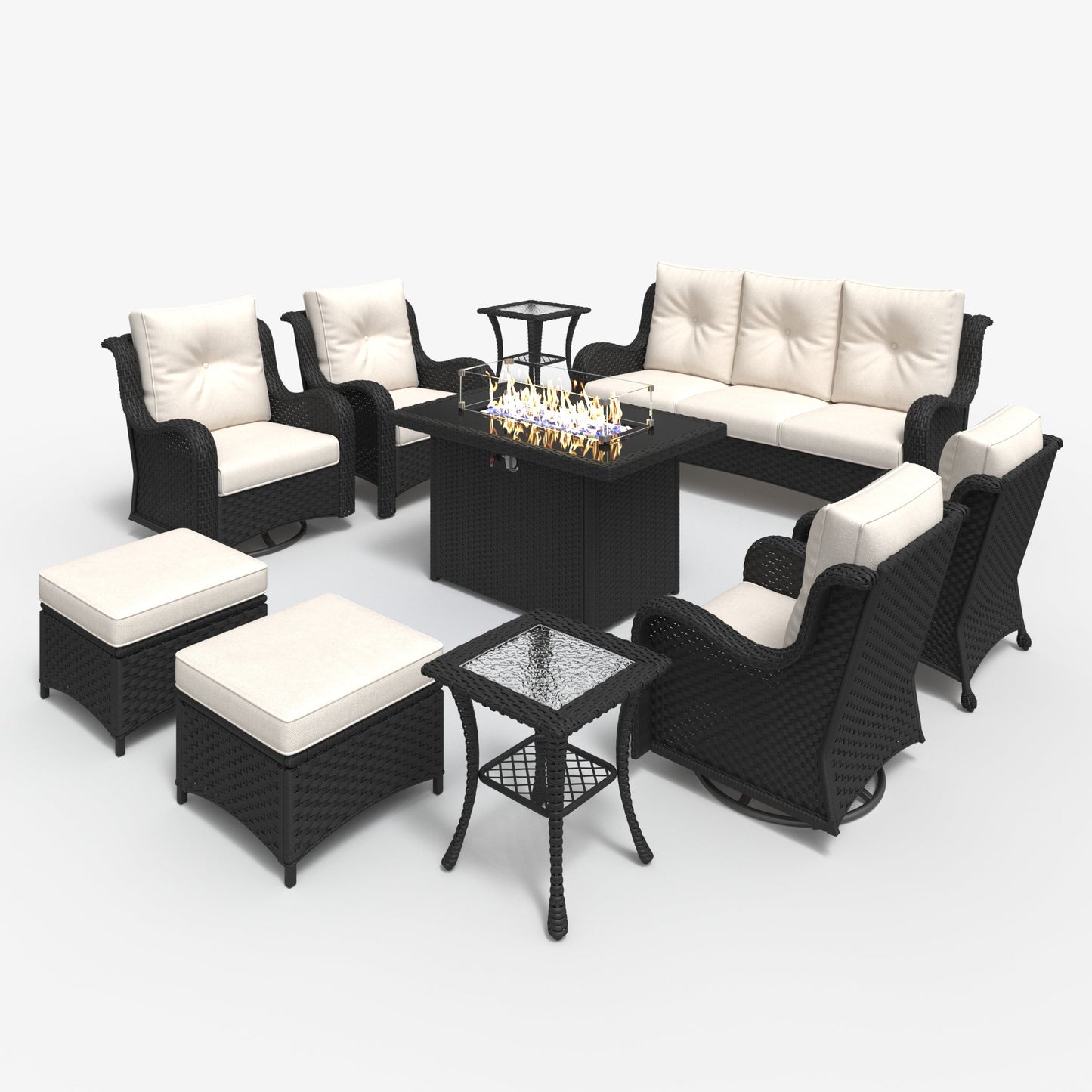 LayinSun 10 - Piece Outdoor Conversation Set with 44'' Propane Fire Pit Table and Swivel Chairs