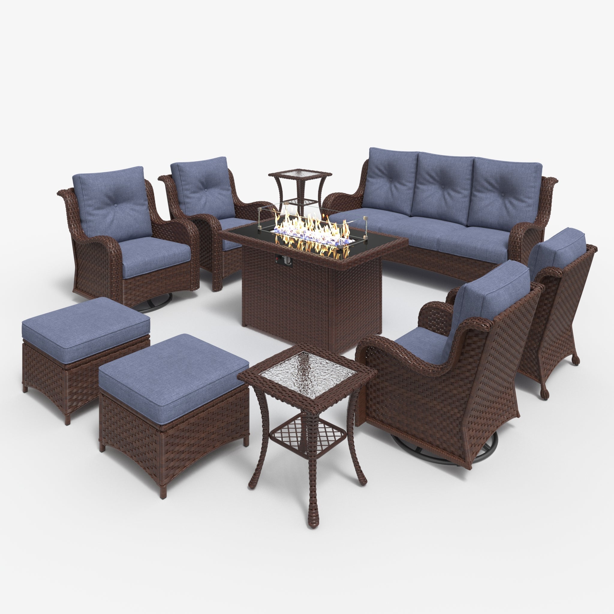 LayinSun 10 - Piece Outdoor Conversation Set with 44'' Propane Fire Pit Table and Swivel Chairs