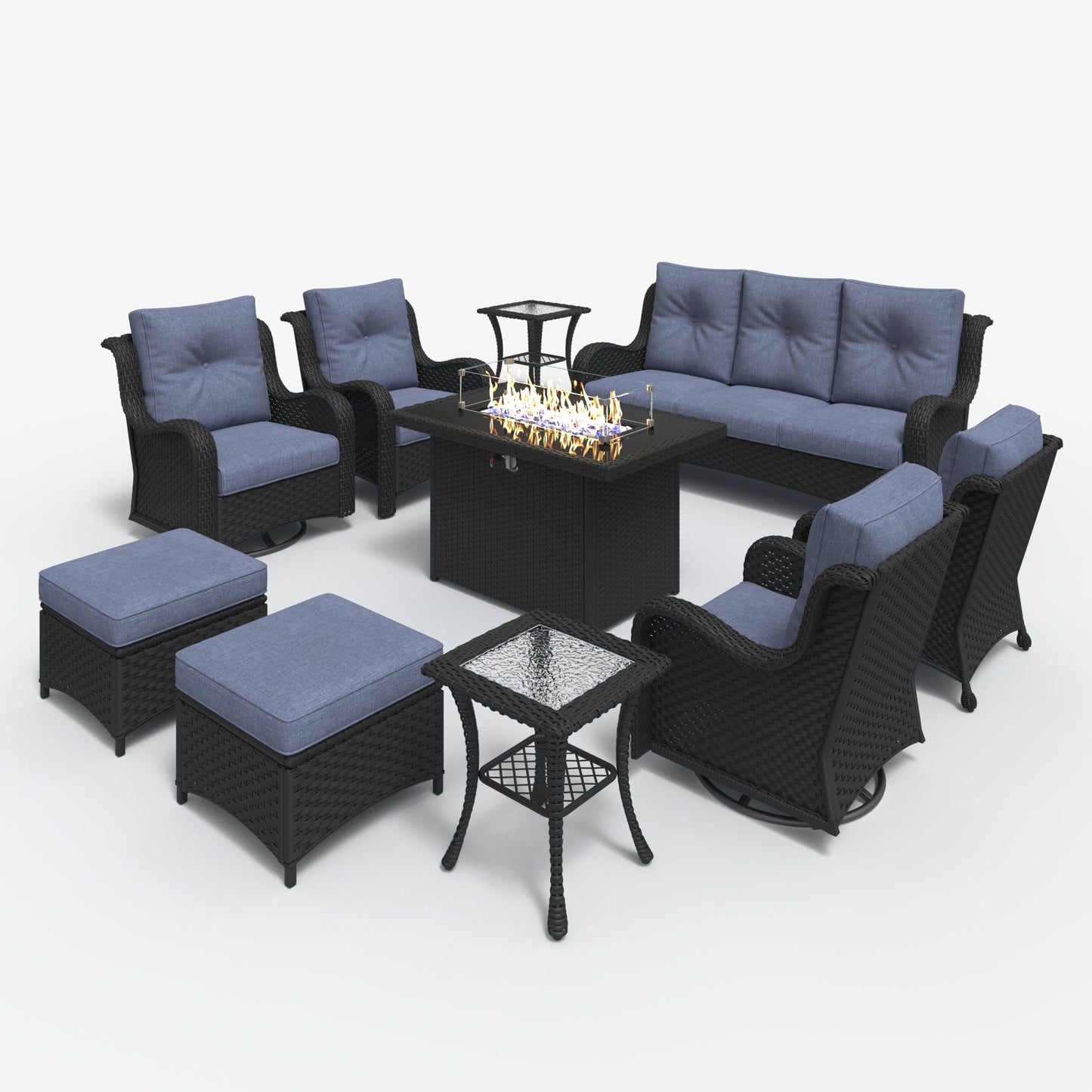LayinSun 10 - Piece Outdoor Conversation Set with 44'' Propane Fire Pit Table and Swivel Chairs