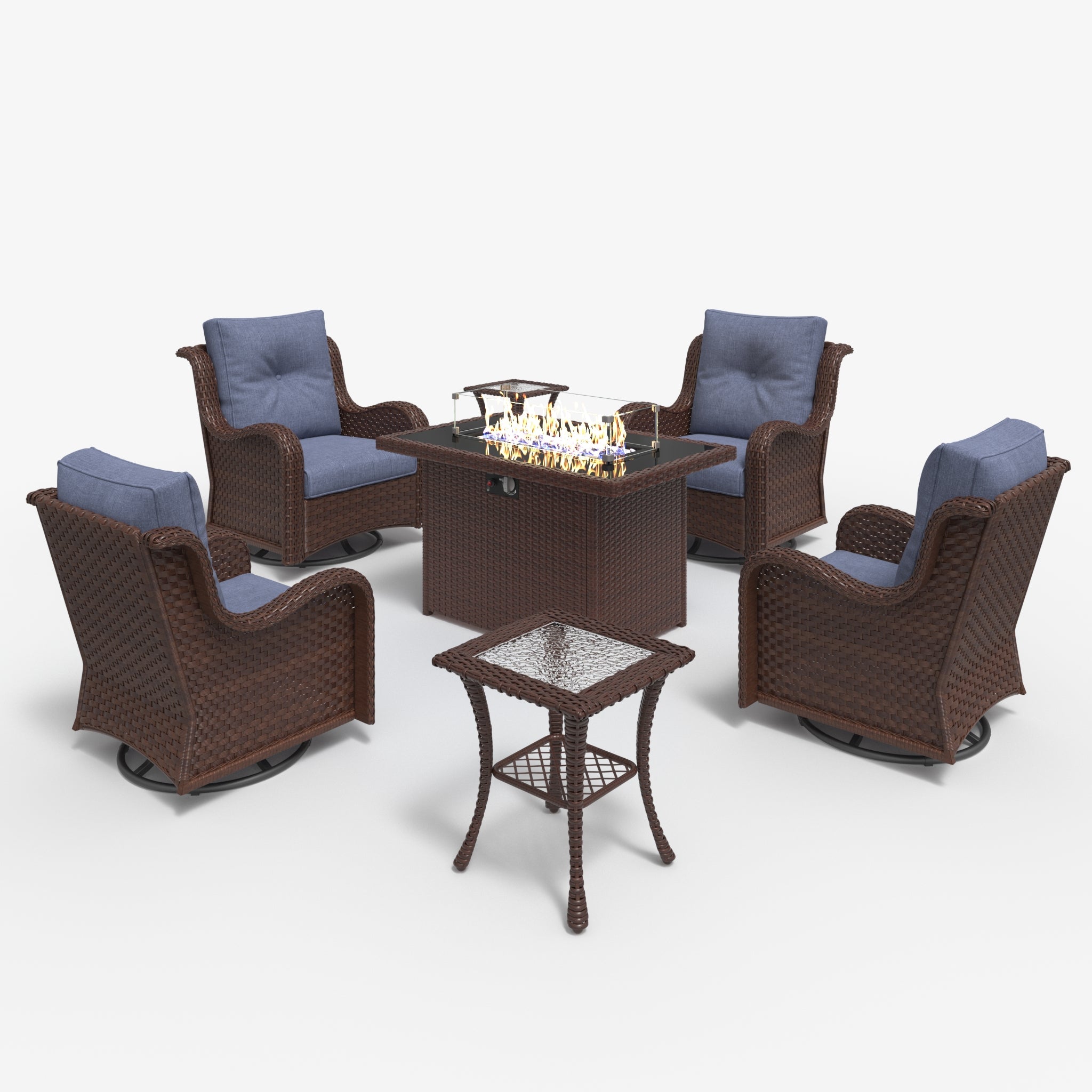 LayinSun 7 - Piece Outdoor Conversation Set with 44'' Propane Fire Pit Table and Swivel Chairs