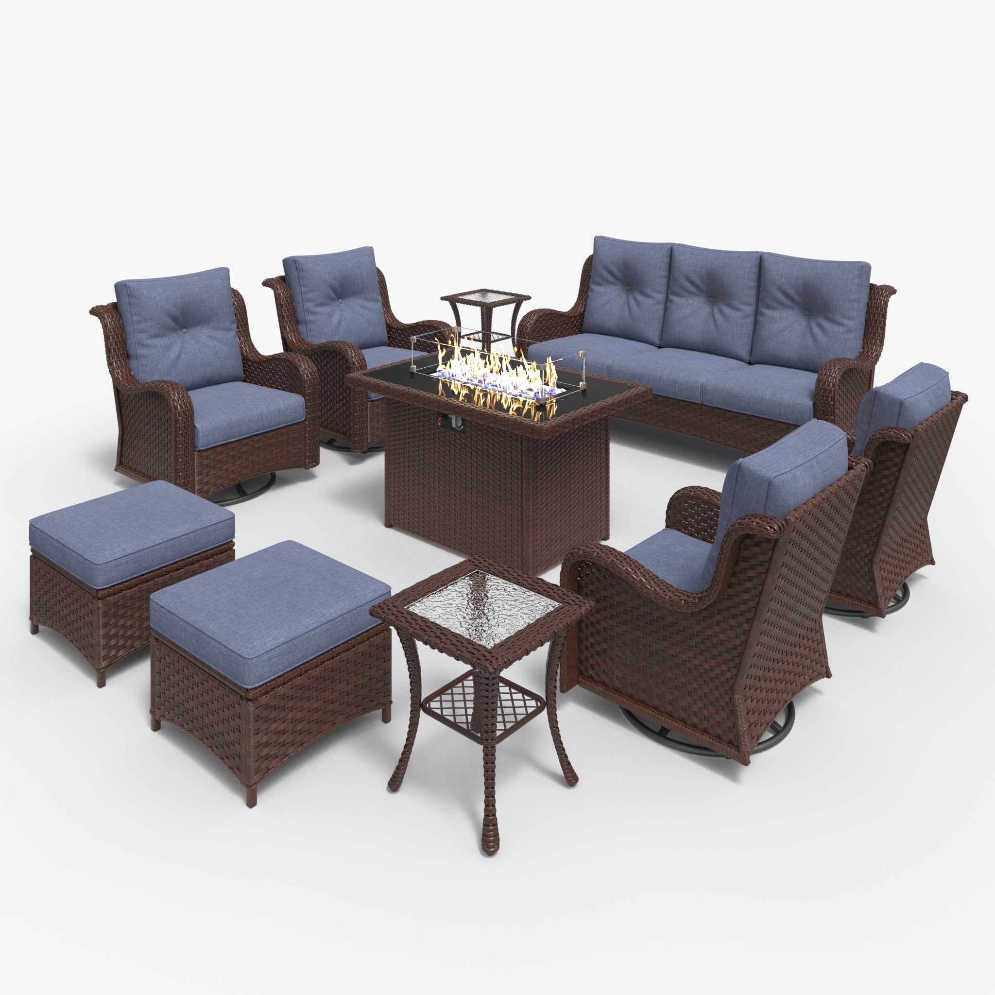 LayinSun 10 - Piece Outdoor Conversation Set with 44'' Propane Fire Pit Table and Swivel Chairs