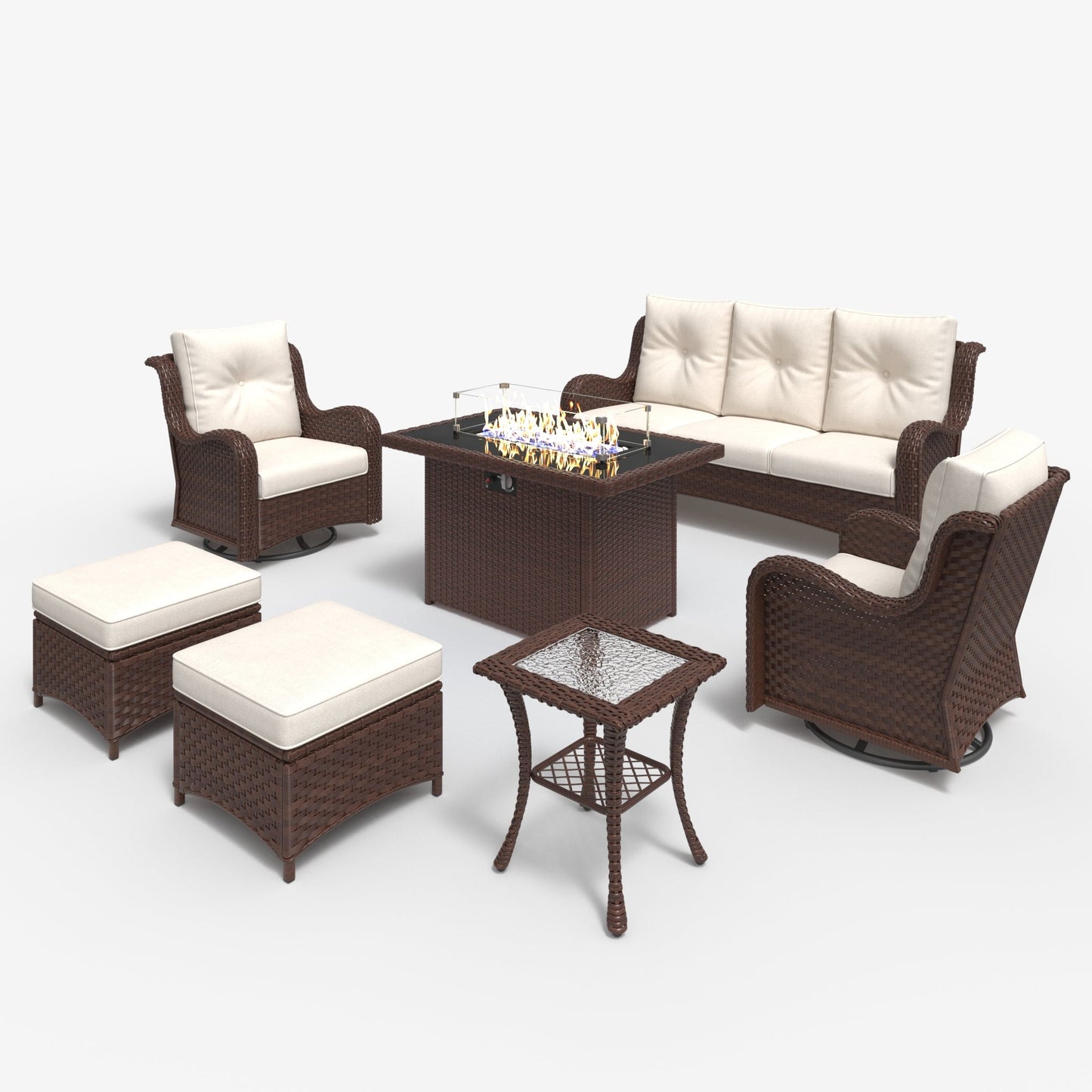 LayinSun 7 - Piece Outdoor Conversation Set with 44'' Propane Fire Pit Table and Swivel Chairs