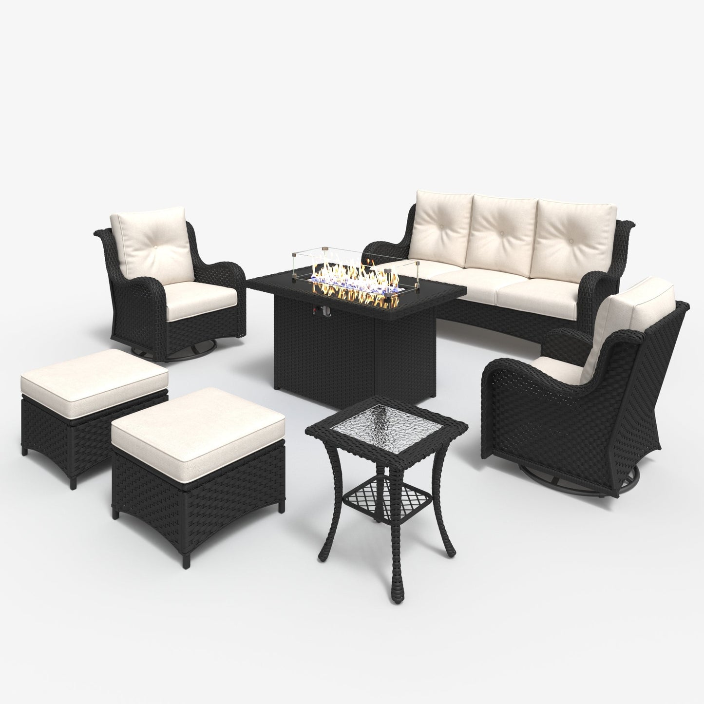 LayinSun 7 - Piece Outdoor Conversation Set with 44'' Propane Fire Pit Table and Swivel Chairs