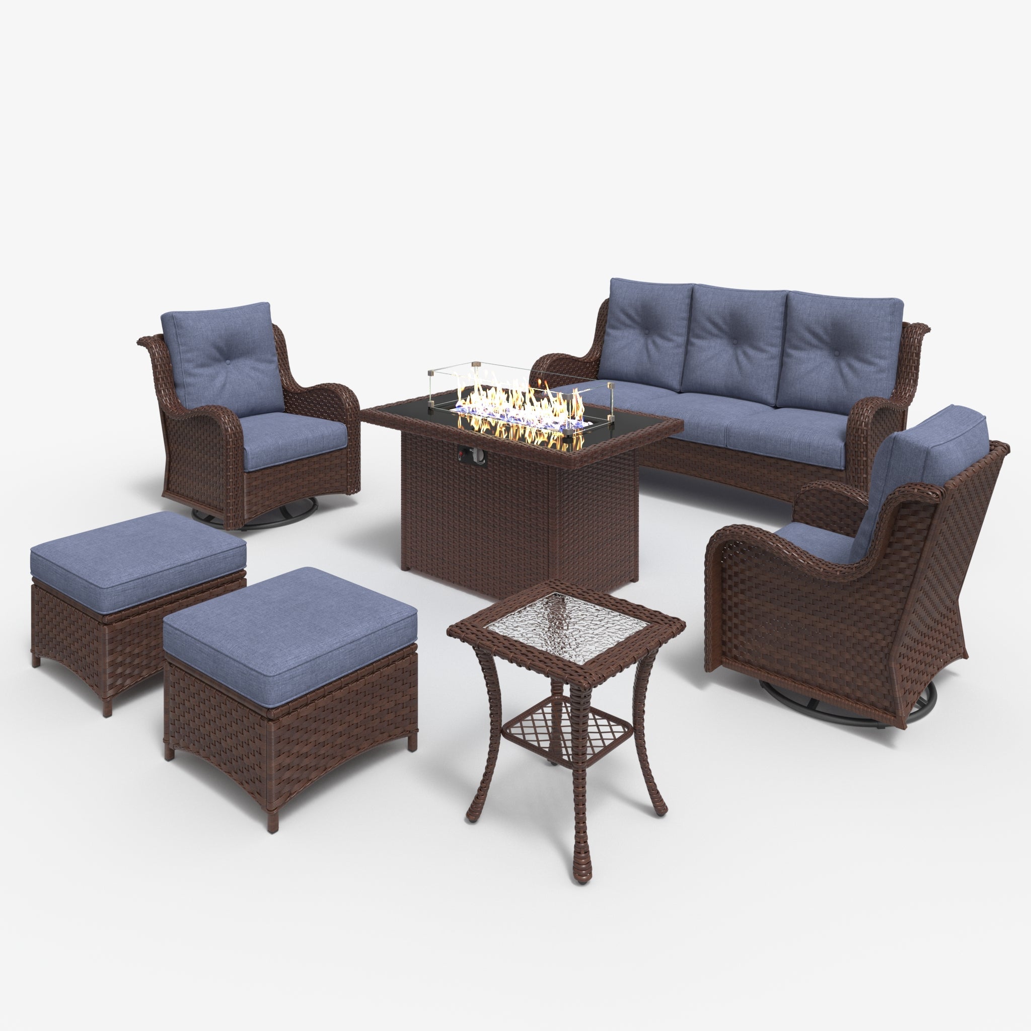 LayinSun 7 - Piece Outdoor Conversation Set with 44'' Propane Fire Pit Table and Swivel Chairs