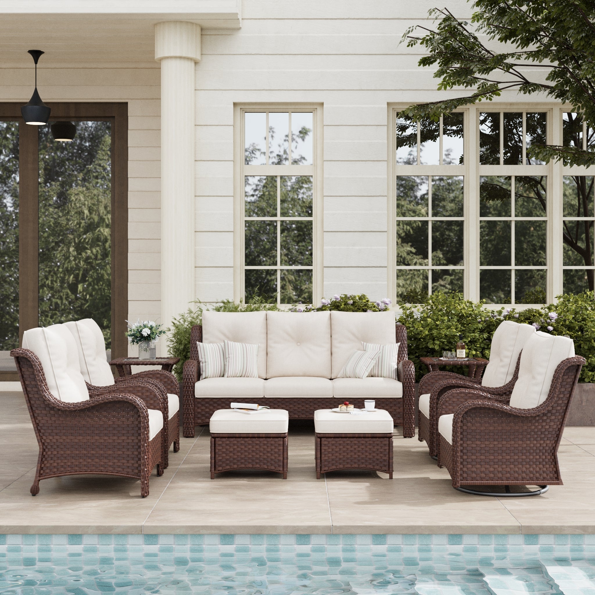 LayinSun 9 - Piece Curved Armrest Wicker Swivel Glider Lounge Chairs & Sofa Set