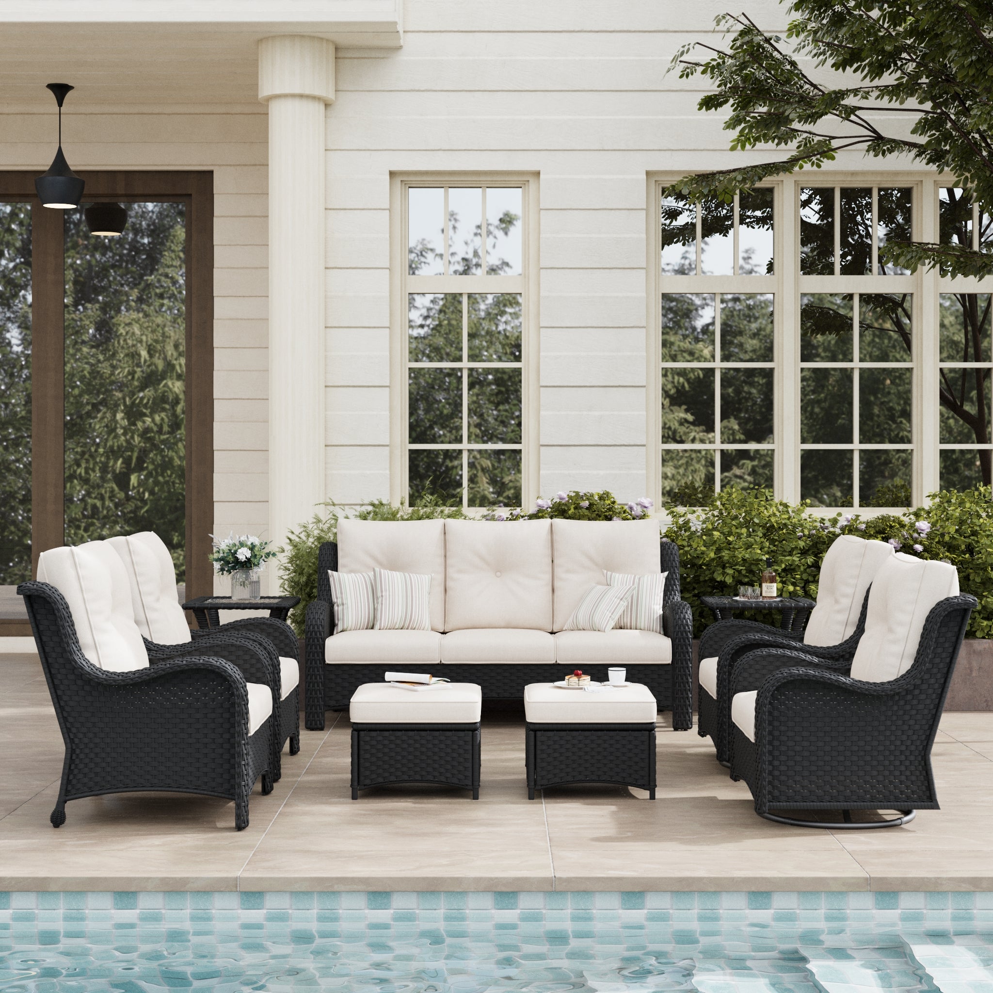 LayinSun 9 - Piece Curved Armrest Wicker Swivel Glider Lounge Chairs & Sofa Set