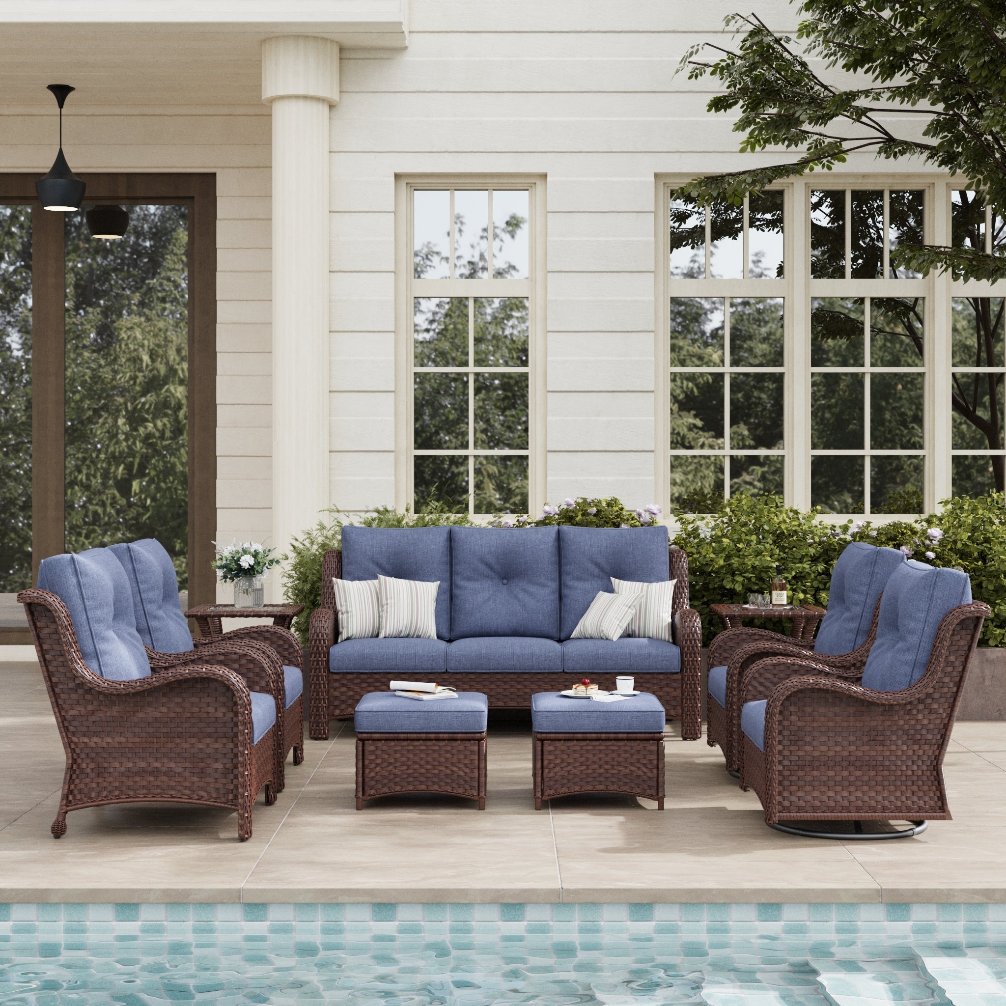 LayinSun 9 - Piece Curved Armrest Wicker Swivel Glider Lounge Chairs & Sofa Set